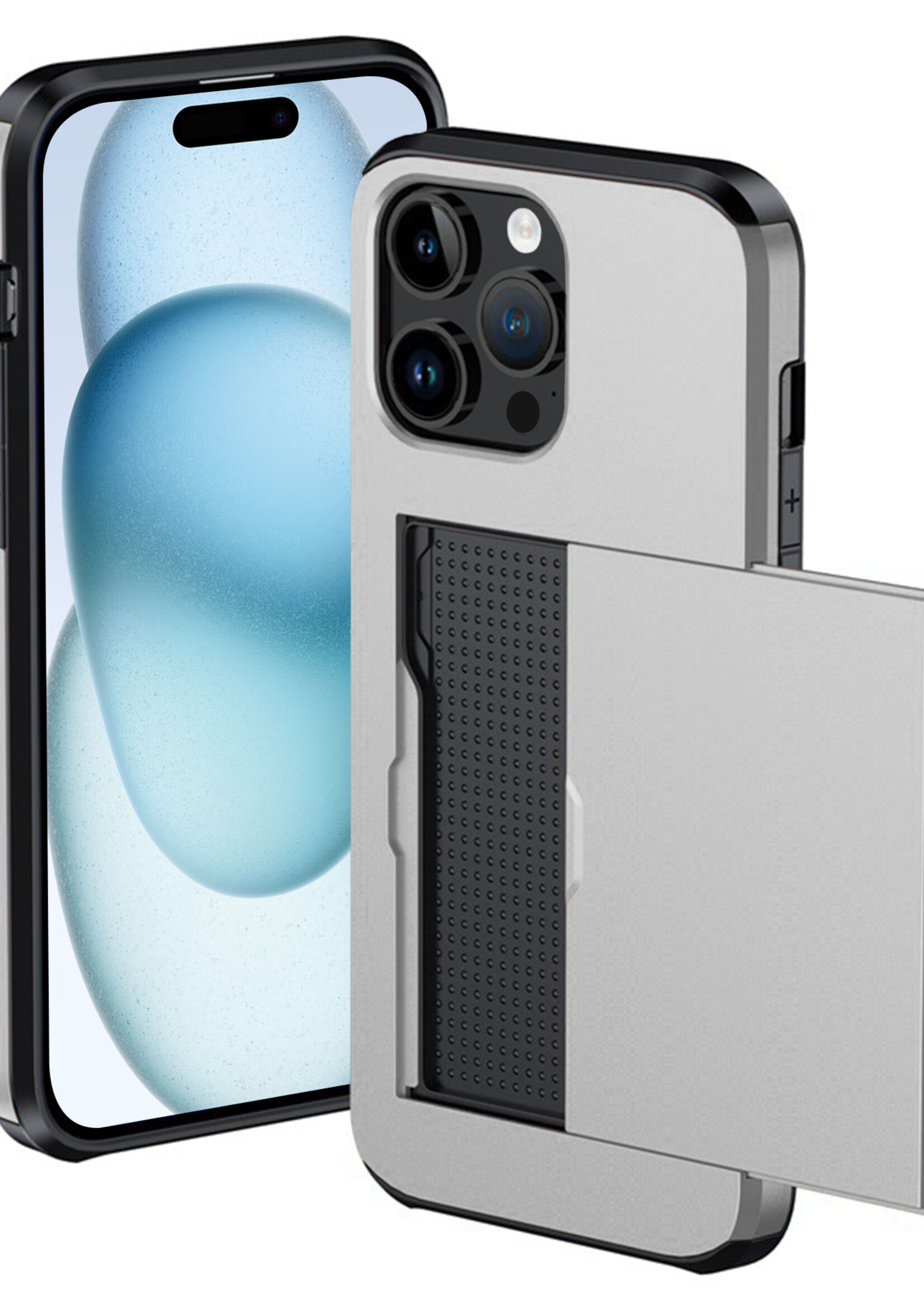 BTH Hoesje Geschikt voor iPhone 15 Pro Hoesje Met Pasjeshouder Hard Case Met Kaarthouder - Hoes Geschikt voor iPhone 15 Pro Hoesje Shock Proof Case - Grijs
