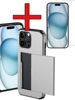BTH BTH iPhone 15 Pro Hoesje Pashouder Hard Met Screenprotector - Grijs