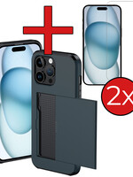 BTH BTH iPhone 15 Pro Hoesje Pashouder Hard Met 2x Screenprotector - Donker Blauw