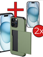 BTH BTH iPhone 15 Pro Hoesje Pashouder Hard Met 2x Screenprotector - Donker Groen