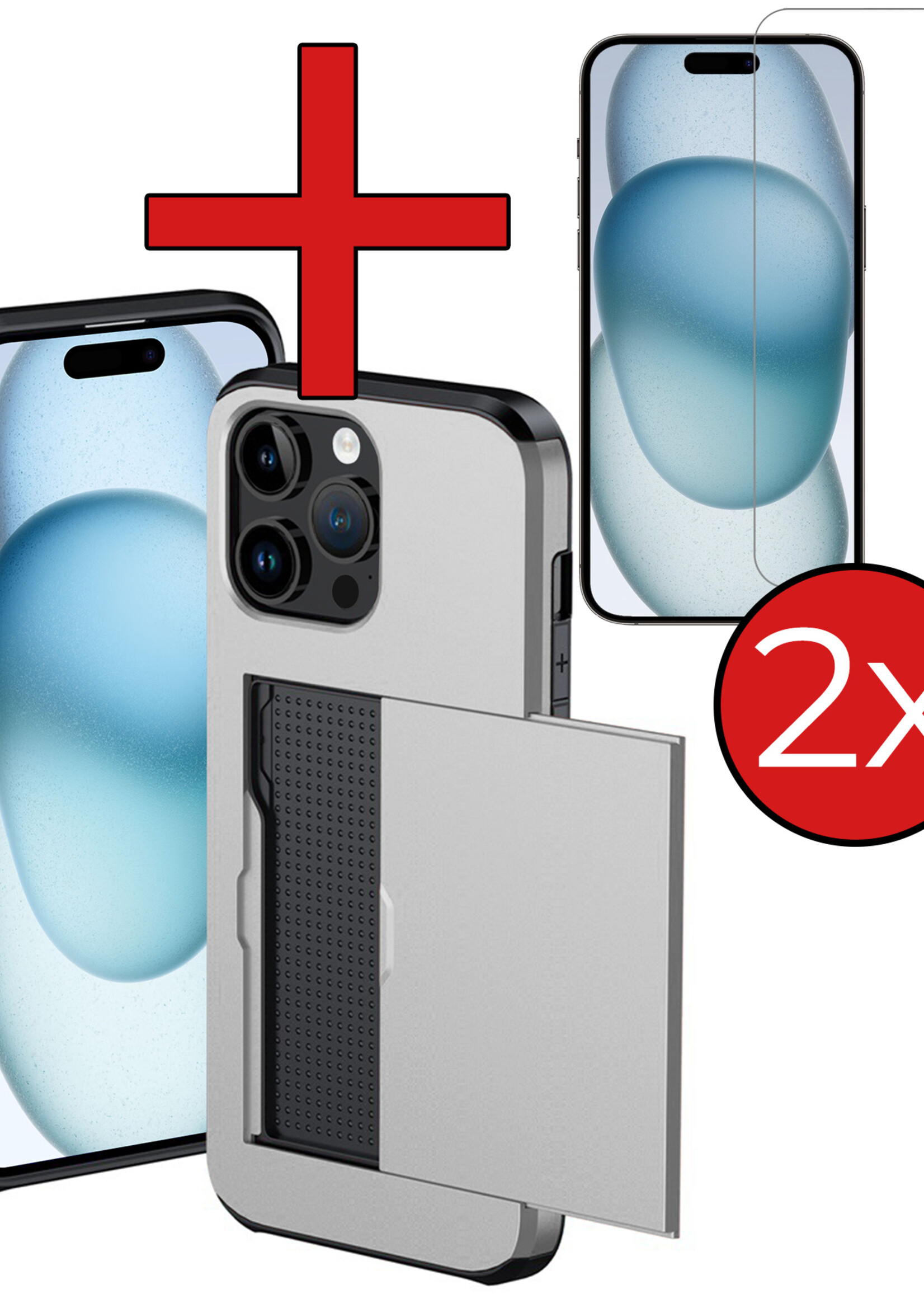 BTH Hoesje Geschikt voor iPhone 15 Pro Hoesje Met Pasjeshouder Hard Case Met Kaarthouder Met 2x Screenprotector - Hoes Geschikt voor iPhone 15 Pro Hoesje Shock Proof Case - Grijs