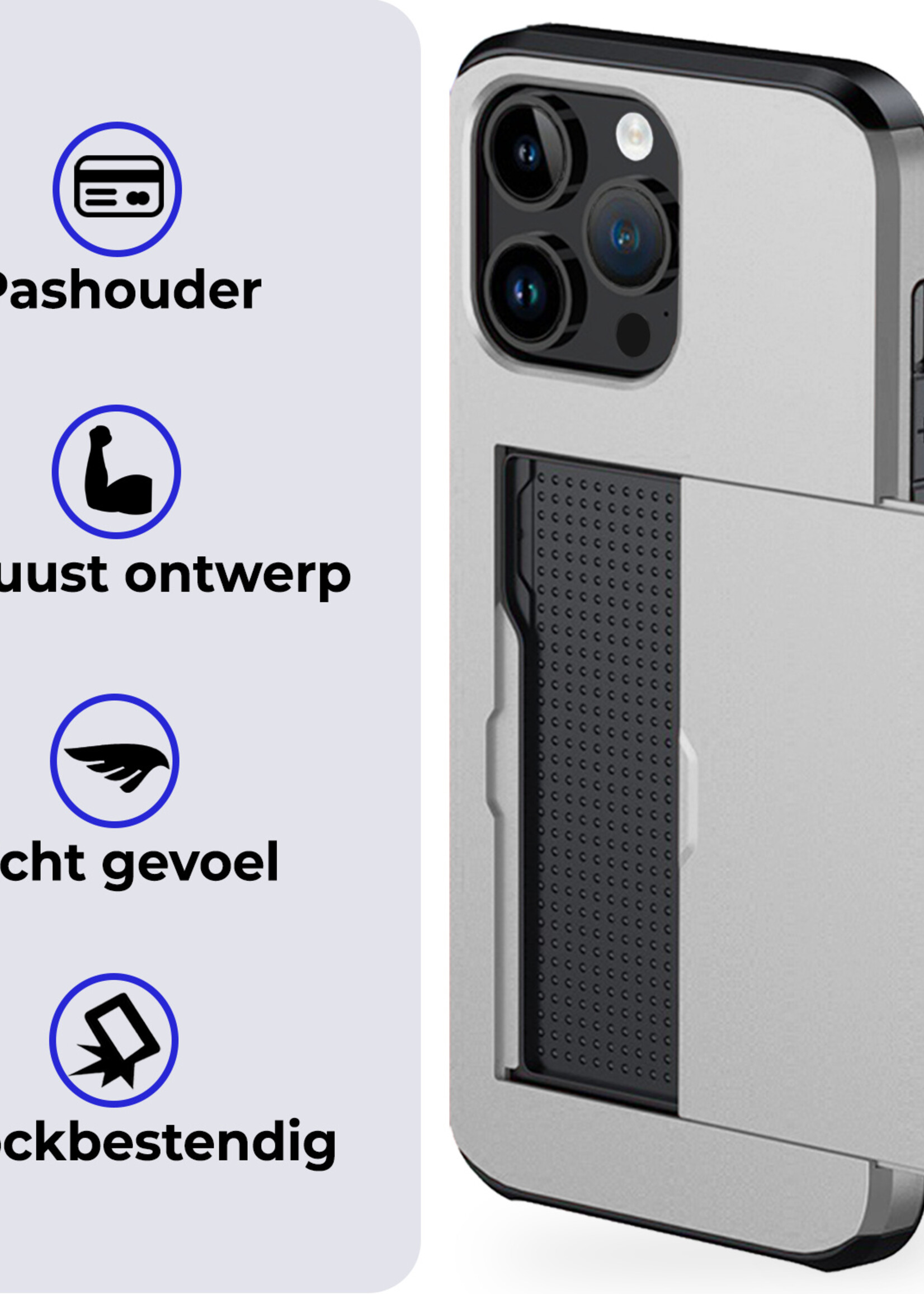 BTH Hoesje Geschikt voor iPhone 15 Pro Hoesje Met Pasjeshouder Hard Case Met Kaarthouder Met 2x Screenprotector - Hoes Geschikt voor iPhone 15 Pro Hoesje Shock Proof Case - Grijs