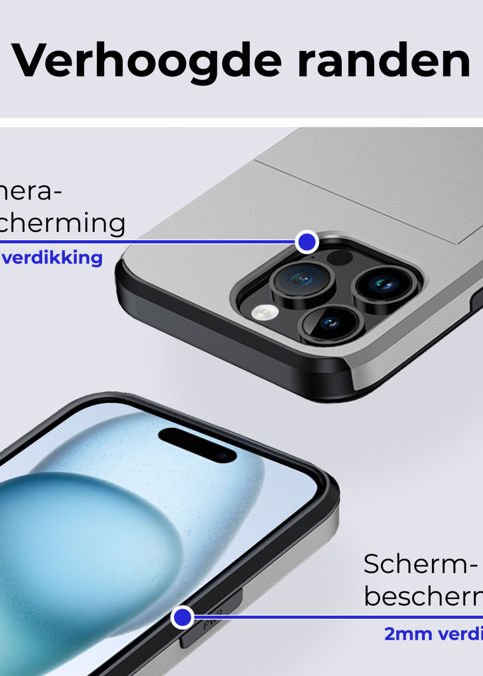 BTH Hoesje Geschikt voor iPhone 15 Pro Hoesje Met Pasjeshouder Hard Case Met Kaarthouder Met 2x Screenprotector - Hoes Geschikt voor iPhone 15 Pro Hoesje Shock Proof Case - Grijs