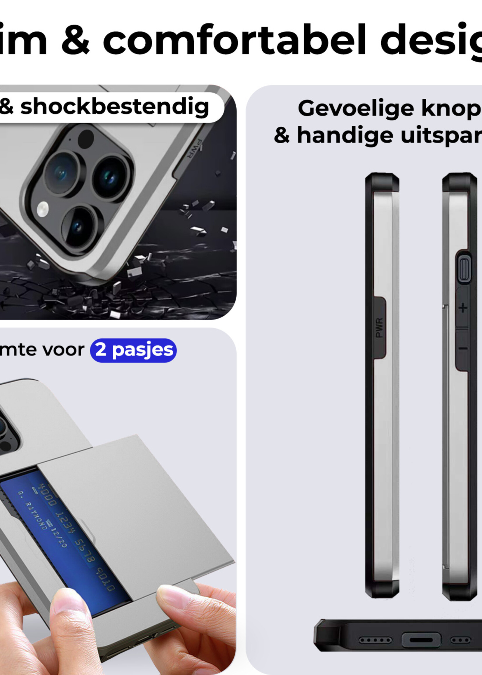 BTH Hoesje Geschikt voor iPhone 15 Pro Hoesje Met Pasjeshouder Hard Case Met Kaarthouder Met 2x Screenprotector - Hoes Geschikt voor iPhone 15 Pro Hoesje Shock Proof Case - Grijs