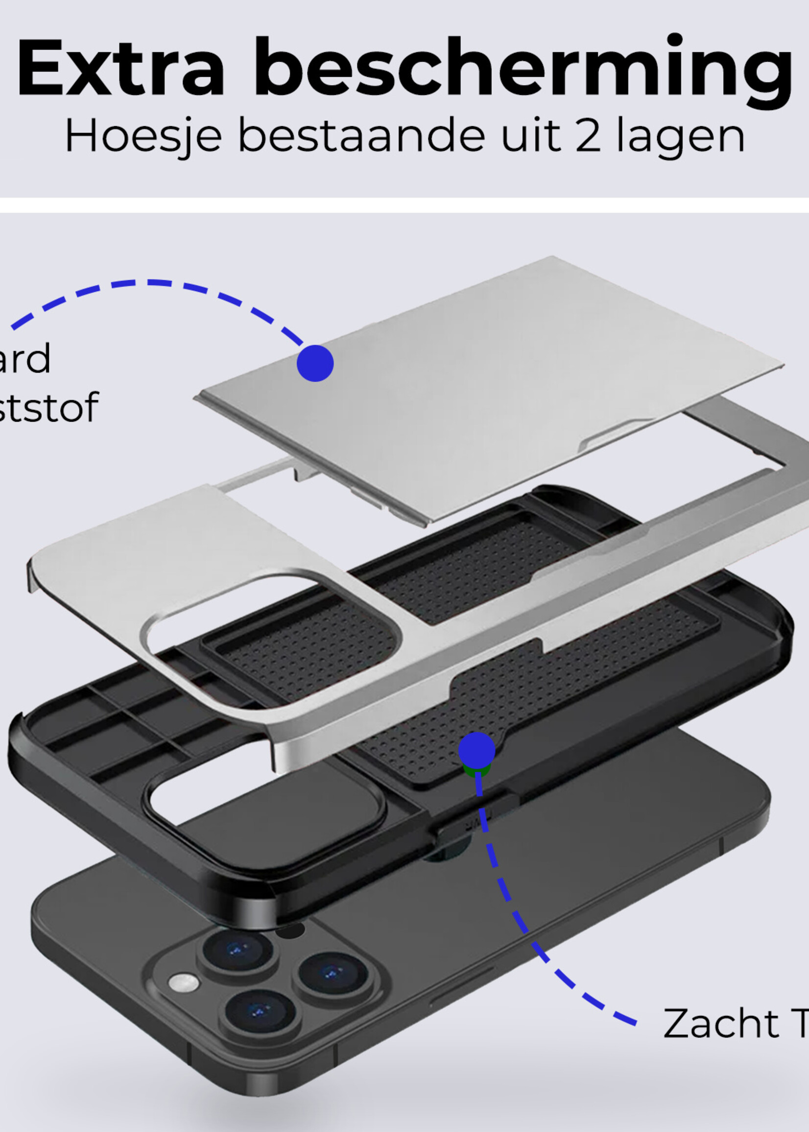 BTH Hoesje Geschikt voor iPhone 15 Pro Hoesje Met Pasjeshouder Hard Case Met Kaarthouder Met 2x Screenprotector - Hoes Geschikt voor iPhone 15 Pro Hoesje Shock Proof Case - Grijs