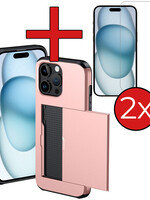 BTH BTH iPhone 15 Pro Hoesje Pashouder Hard Met 2x Screenprotector - Rosé Goud