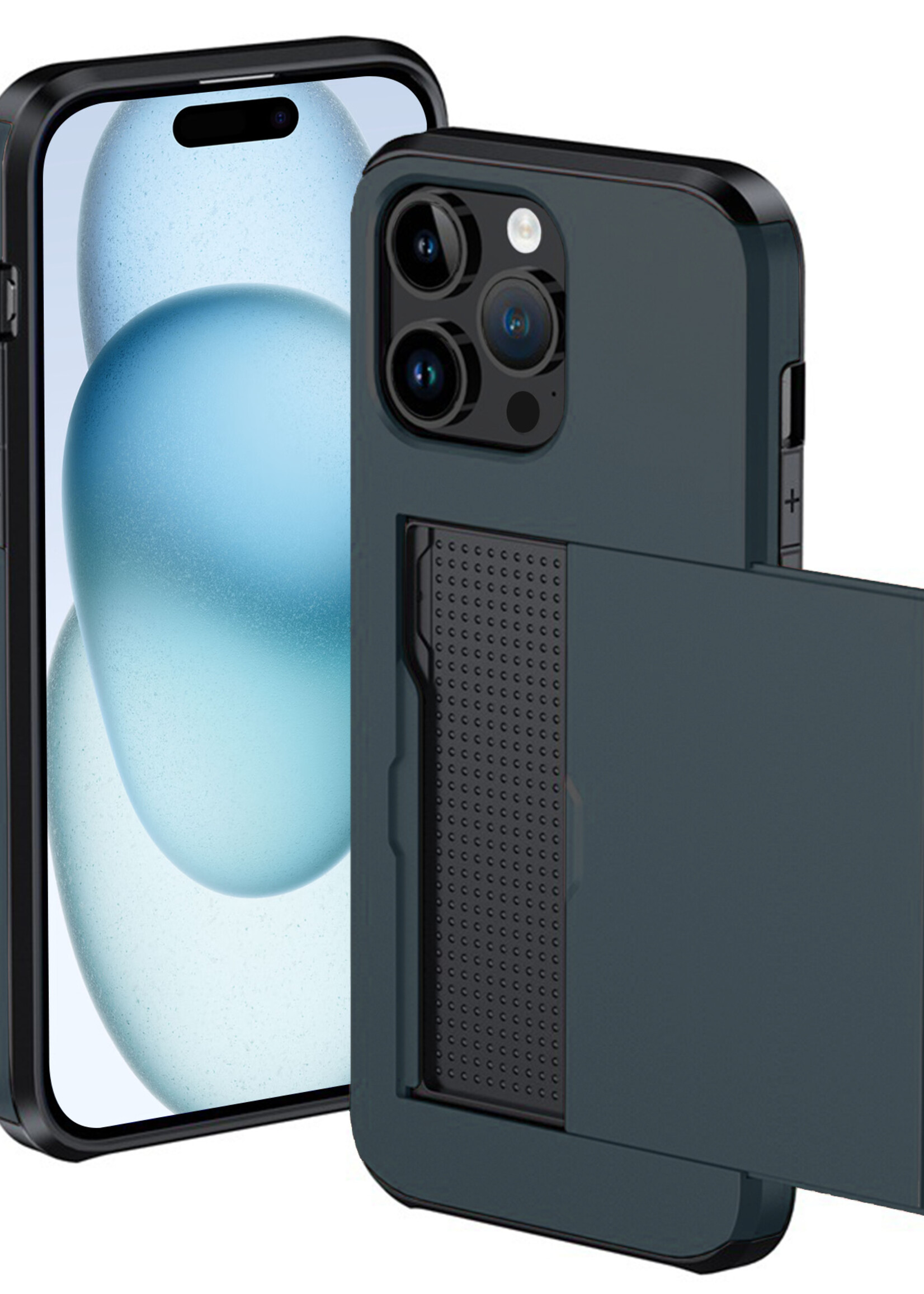 BTH Hoesje Geschikt voor iPhone 15 Pro Max Hoesje Met Pasjeshouder Hard Case Met Kaarthouder - Hoes Geschikt voor iPhone 15 Pro Max Hoesje Shock Proof Case - Donker Blauw