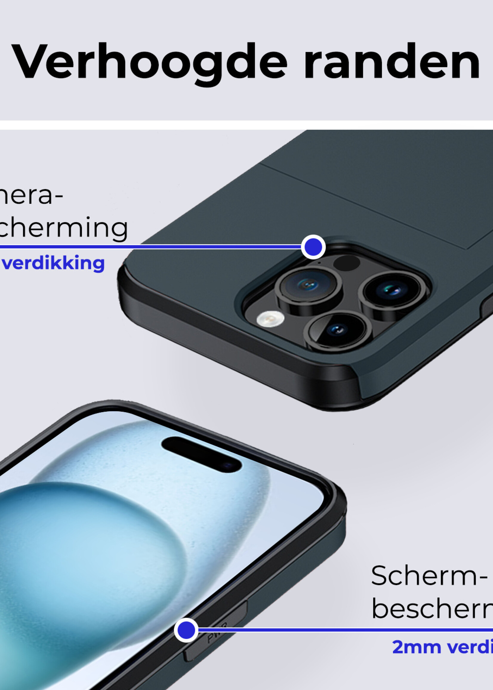 BTH Hoesje Geschikt voor iPhone 15 Pro Max Hoesje Met Pasjeshouder Hard Case Met Kaarthouder - Hoes Geschikt voor iPhone 15 Pro Max Hoesje Shock Proof Case - Donker Blauw