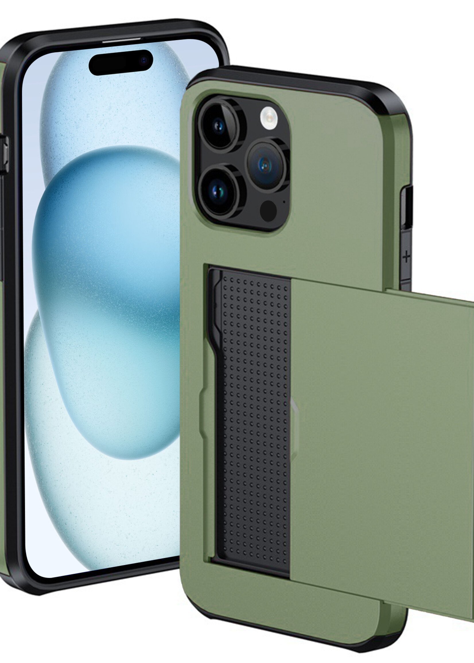 BTH Hoesje Geschikt voor iPhone 15 Pro Max Hoesje Met Pasjeshouder Hard Case Met Kaarthouder - Hoes Geschikt voor iPhone 15 Pro Max Hoesje Shock Proof Case - Donker Groen