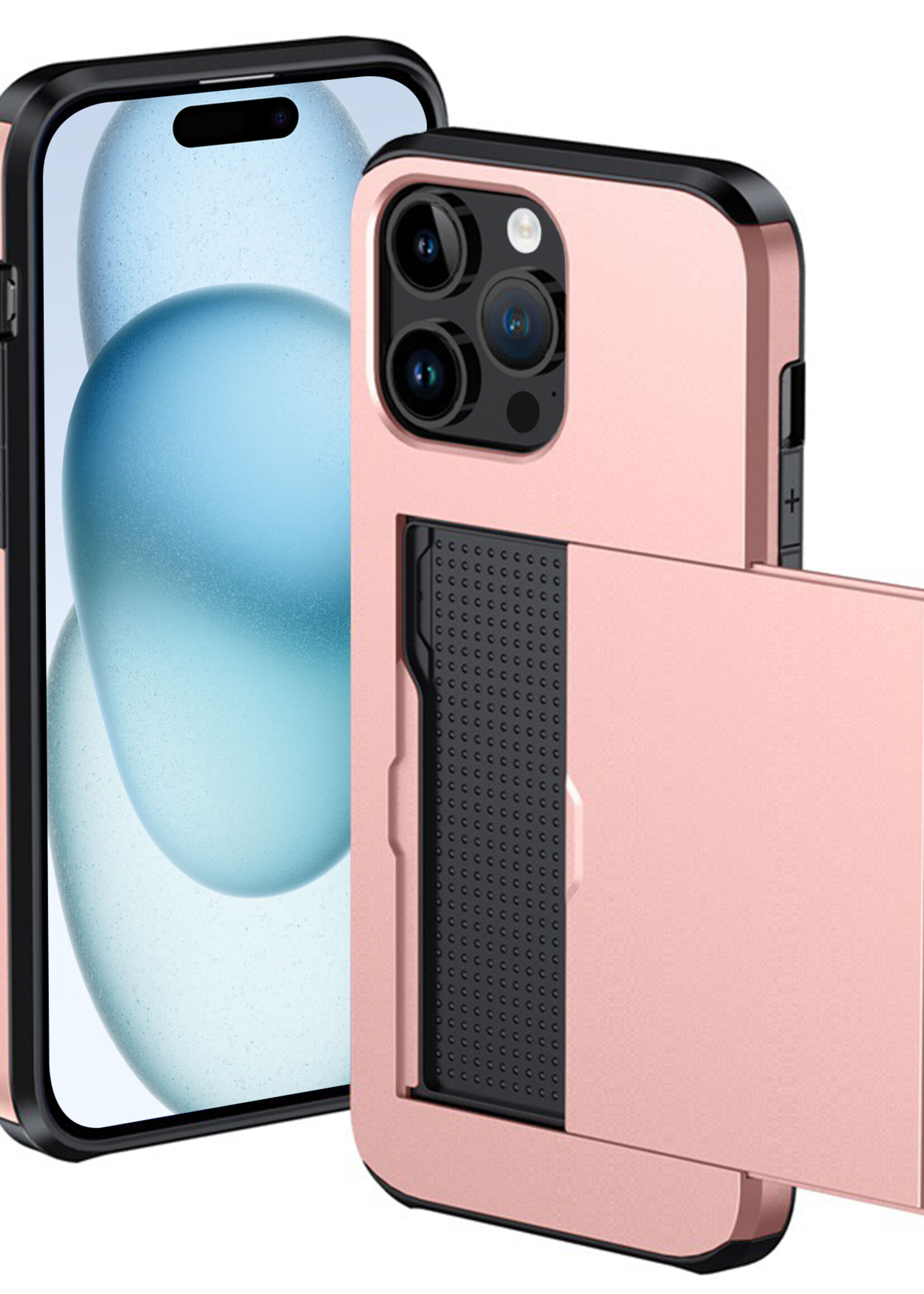 BTH Hoesje Geschikt voor iPhone 15 Pro Max Hoesje Met Pasjeshouder Hard Case Met Kaarthouder - Hoes Geschikt voor iPhone 15 Pro Max Hoesje Shock Proof Case - Rosé Goud