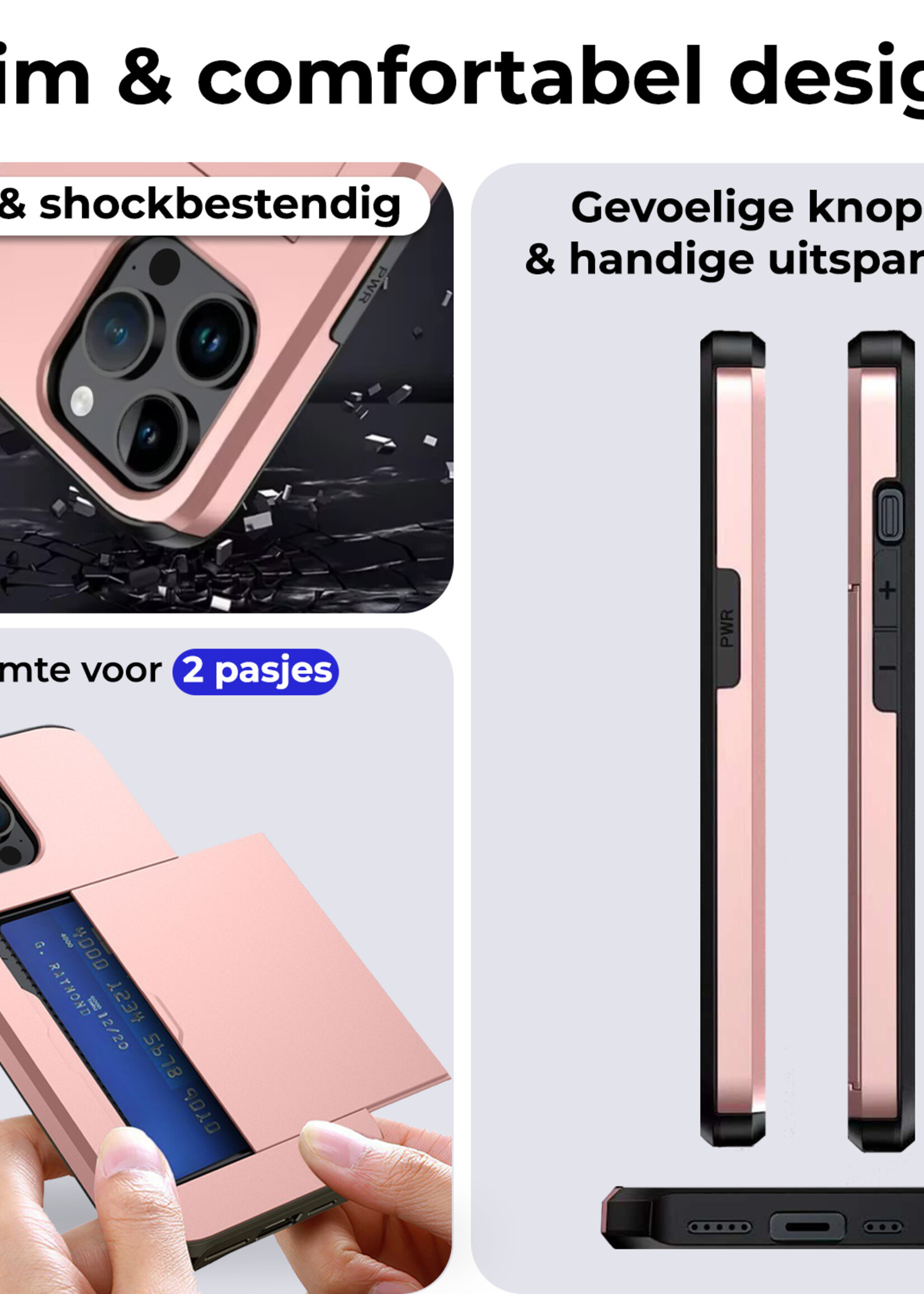 BTH Hoesje Geschikt voor iPhone 15 Pro Max Hoesje Met Pasjeshouder Hard Case Met Kaarthouder - Hoes Geschikt voor iPhone 15 Pro Max Hoesje Shock Proof Case - Rosé Goud
