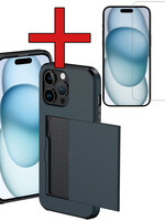 BTH BTH iPhone 15 Pro Max Hoesje Pashouder Hard Met Screenprotector - Donker Blauw