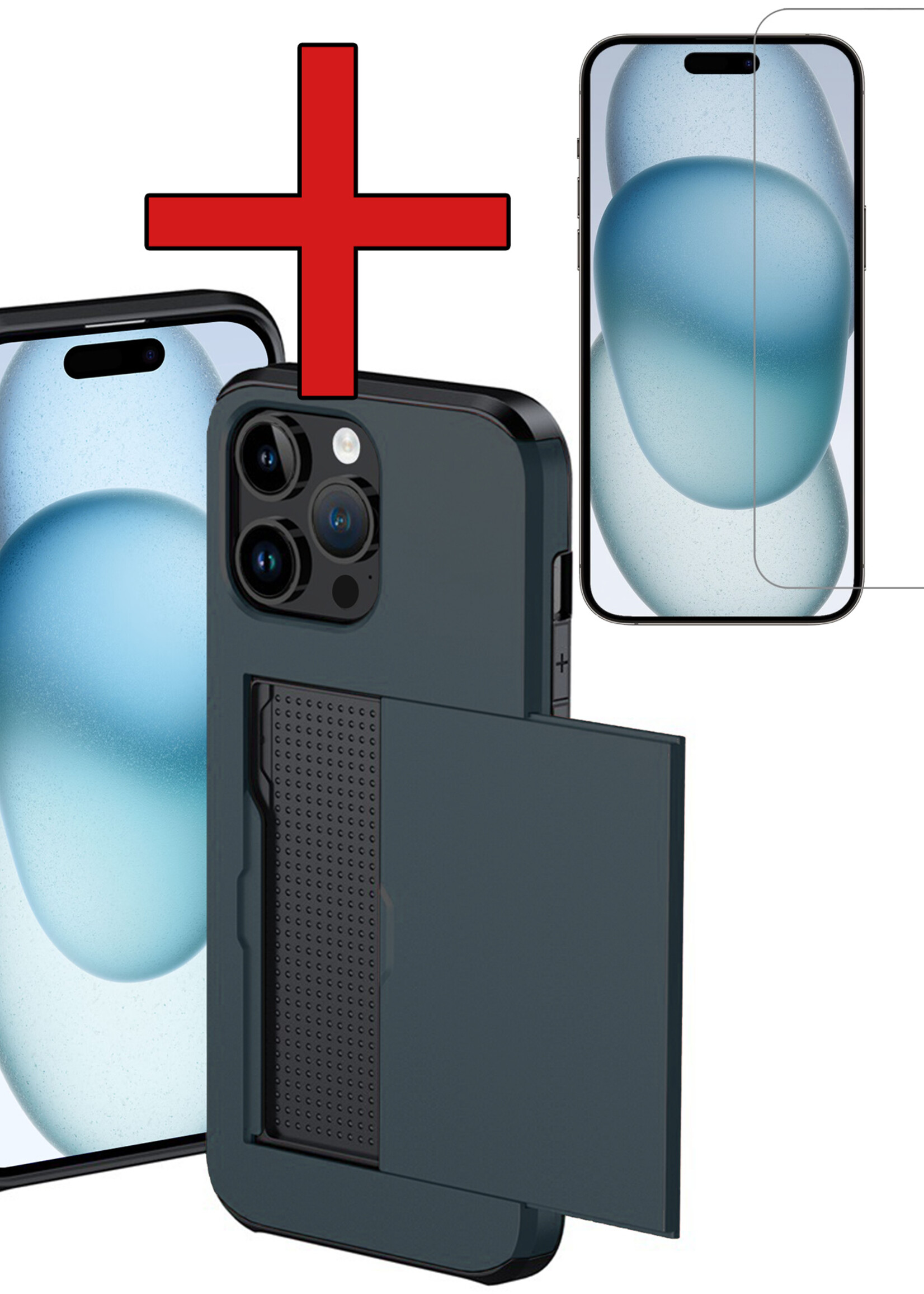 BTH Hoesje Geschikt voor iPhone 15 Pro Max Hoesje Met Pasjeshouder Hard Case Met Kaarthouder Met Screenprotector - Hoes Geschikt voor iPhone 15 Pro Max Hoesje Shock Proof Case - Donker Blauw
