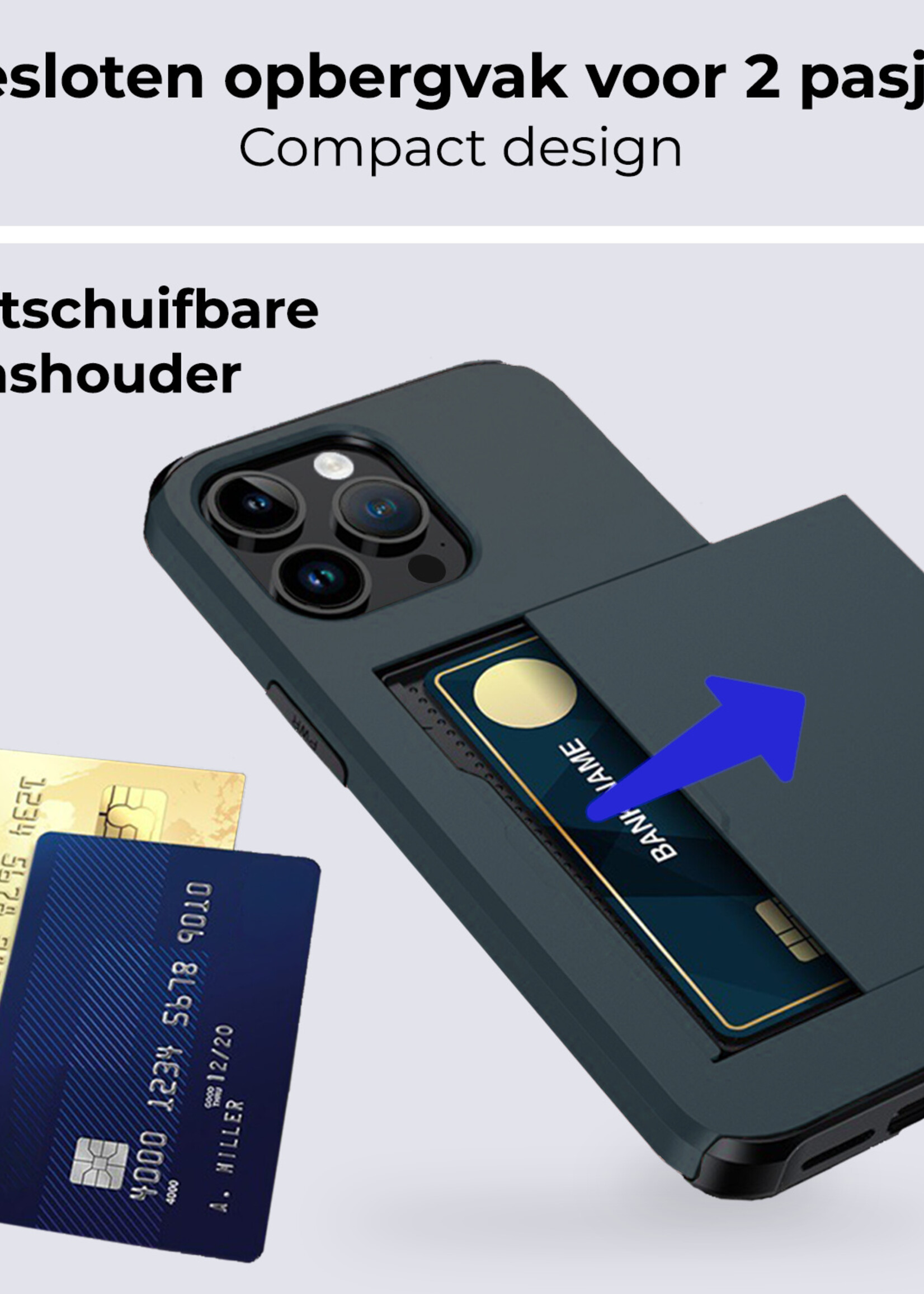 BTH Hoesje Geschikt voor iPhone 15 Pro Max Hoesje Met Pasjeshouder Hard Case Met Kaarthouder Met Screenprotector - Hoes Geschikt voor iPhone 15 Pro Max Hoesje Shock Proof Case - Donker Blauw