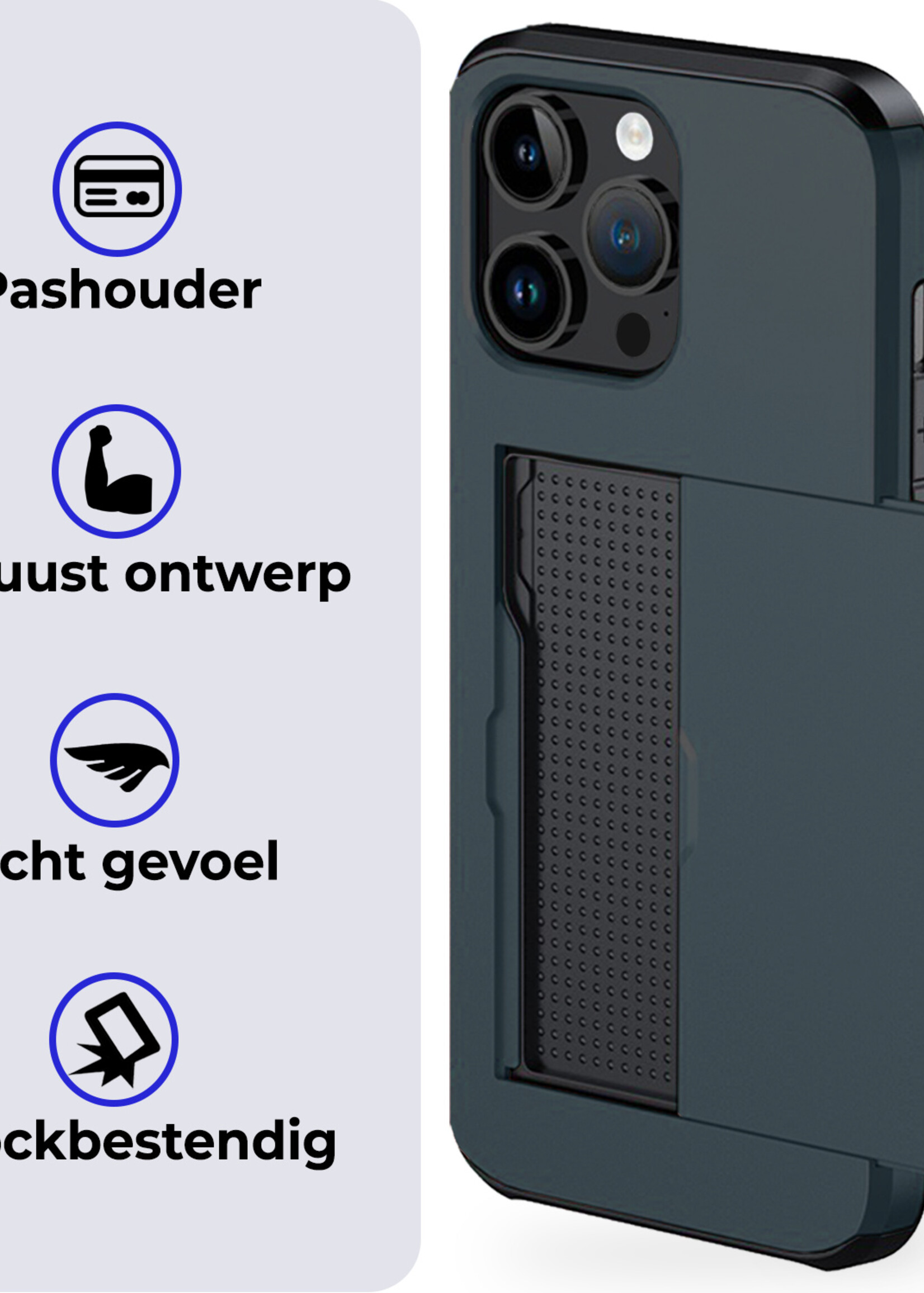 BTH Hoesje Geschikt voor iPhone 15 Pro Max Hoesje Met Pasjeshouder Hard Case Met Kaarthouder Met Screenprotector - Hoes Geschikt voor iPhone 15 Pro Max Hoesje Shock Proof Case - Donker Blauw
