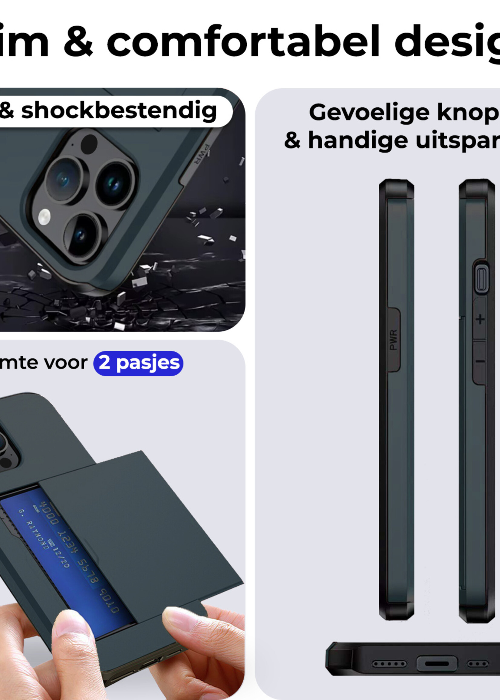 BTH Hoesje Geschikt voor iPhone 15 Pro Max Hoesje Met Pasjeshouder Hard Case Met Kaarthouder Met Screenprotector - Hoes Geschikt voor iPhone 15 Pro Max Hoesje Shock Proof Case - Donker Blauw