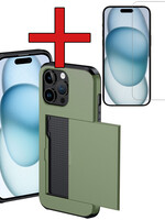 BTH BTH iPhone 15 Pro Max Hoesje Pashouder Hard Met Screenprotector - Donker Groen