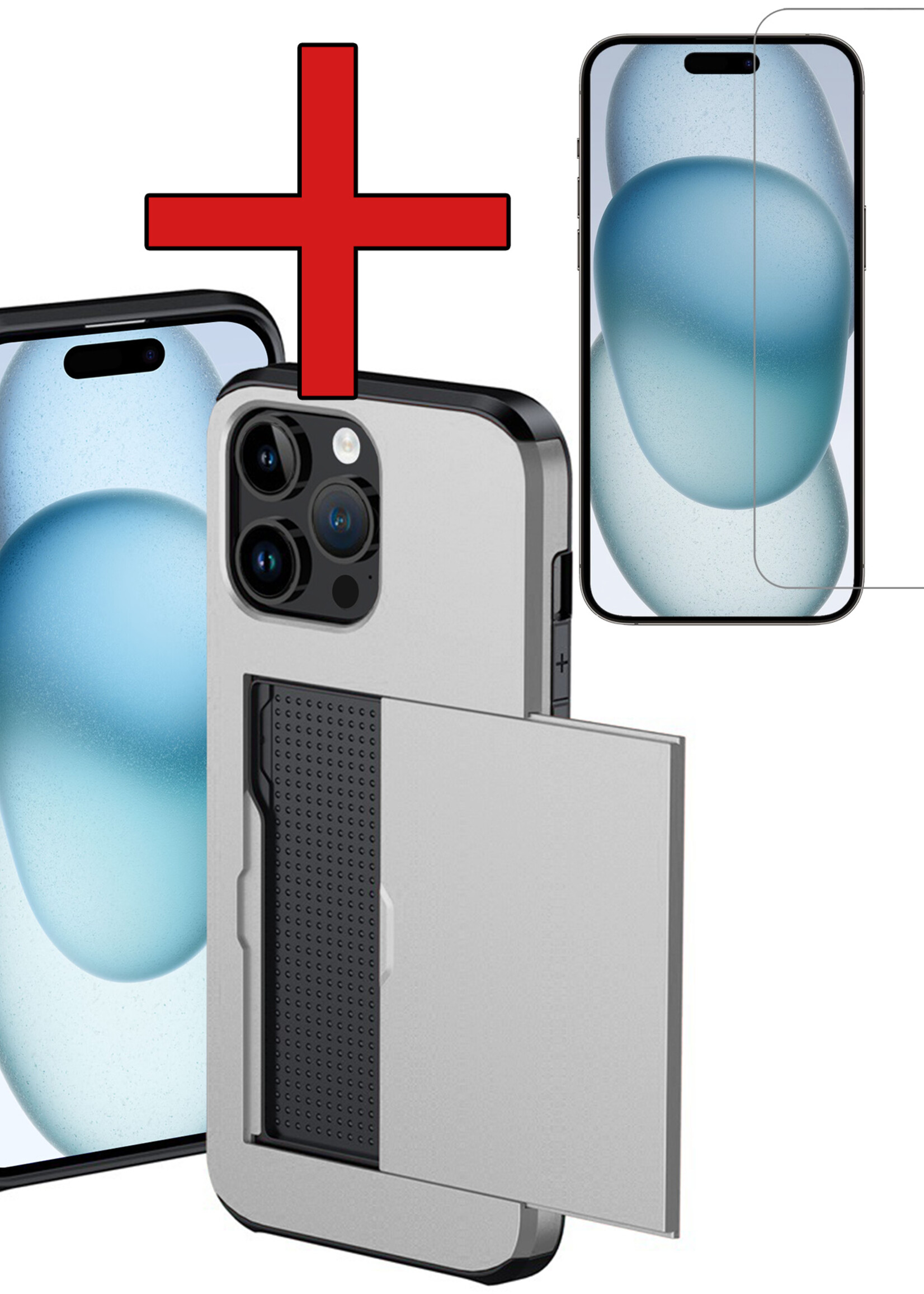 BTH Hoesje Geschikt voor iPhone 15 Pro Max Hoesje Met Pasjeshouder Hard Case Met Kaarthouder Met Screenprotector - Hoes Geschikt voor iPhone 15 Pro Max Hoesje Shock Proof Case - Grijs
