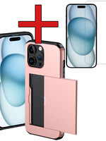 BTH BTH iPhone 15 Pro Max Hoesje Pashouder Hard Met Screenprotector - Rosé Goud