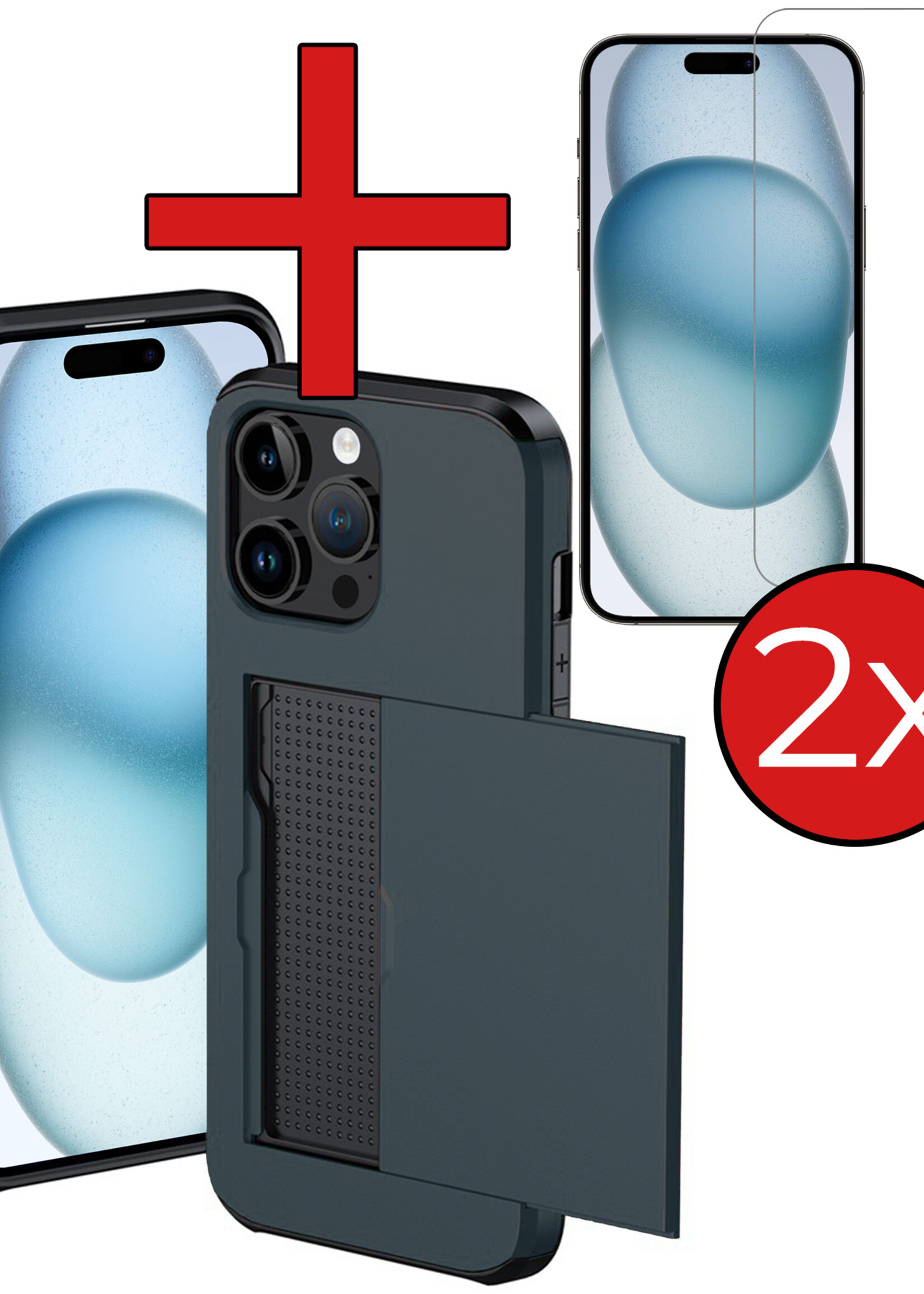 BTH Hoesje Geschikt voor iPhone 15 Pro Max Hoesje Met Pasjeshouder Hard Case Met Kaarthouder Met 2x Screenprotector - Hoes Geschikt voor iPhone 15 Pro Max Hoesje Shock Proof Case - Donker Blauw