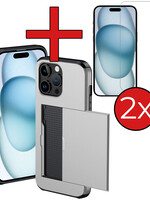 BTH BTH iPhone 15 Pro Max Hoesje Pashouder Hard Met 2x Screenprotector - Grijs