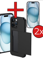 BTH BTH iPhone 15 Pro Max Hoesje Pashouder Hard Met 2x Screenprotector - Zwart