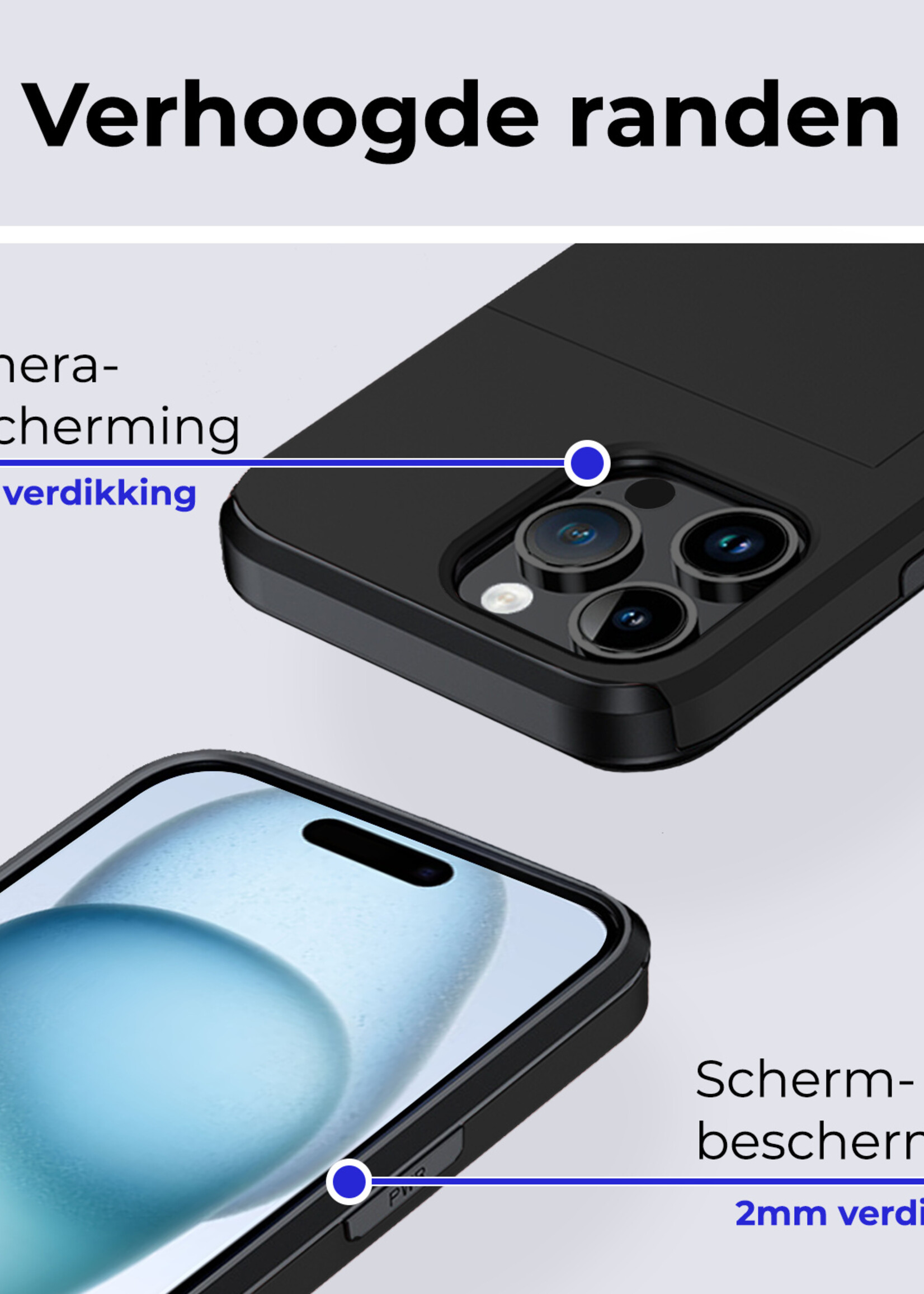 BTH Hoesje Geschikt voor iPhone 15 Pro Max Hoesje Met Pasjeshouder Hard Case Met Kaarthouder Met 2x Screenprotector - Hoes Geschikt voor iPhone 15 Pro Max Hoesje Shock Proof Case - Zwart