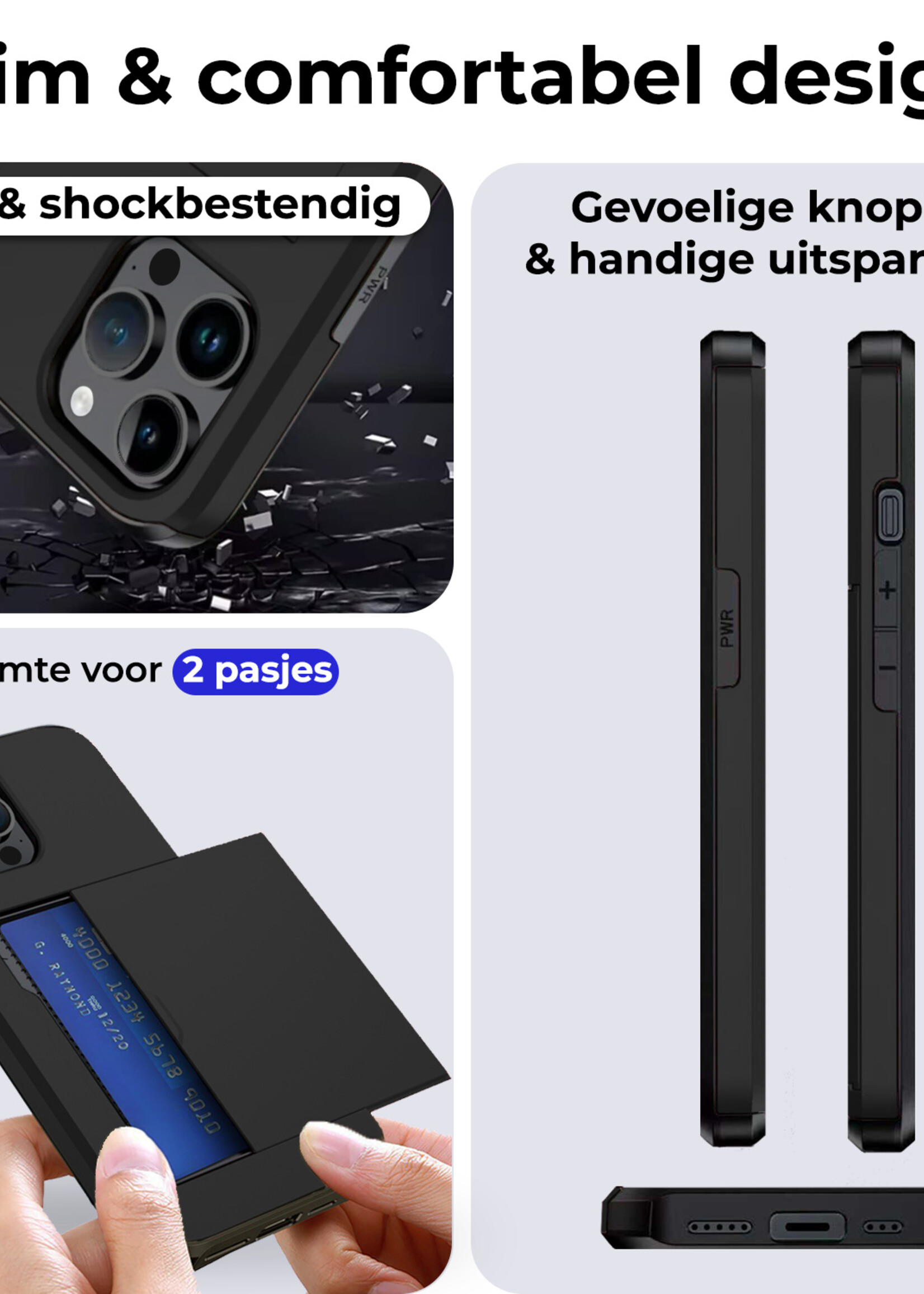 BTH Hoesje Geschikt voor iPhone 15 Pro Max Hoesje Met Pasjeshouder Hard Case Met Kaarthouder Met 2x Screenprotector - Hoes Geschikt voor iPhone 15 Pro Max Hoesje Shock Proof Case - Zwart