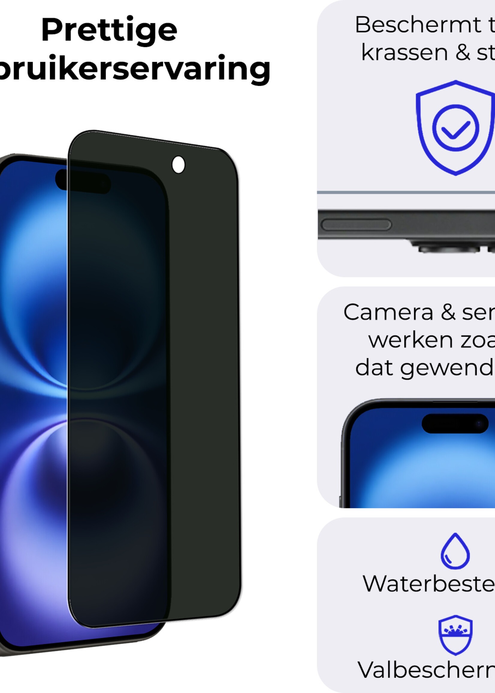 BTH Screenprotector Geschikt voor iPhone 16 Plus Screenprotector Privacy Glas Gehard Full Cover - Screenprotector Geschikt voor iPhone 16 Plus Screenprotector Privacy Tempered Glass - 3 PACK