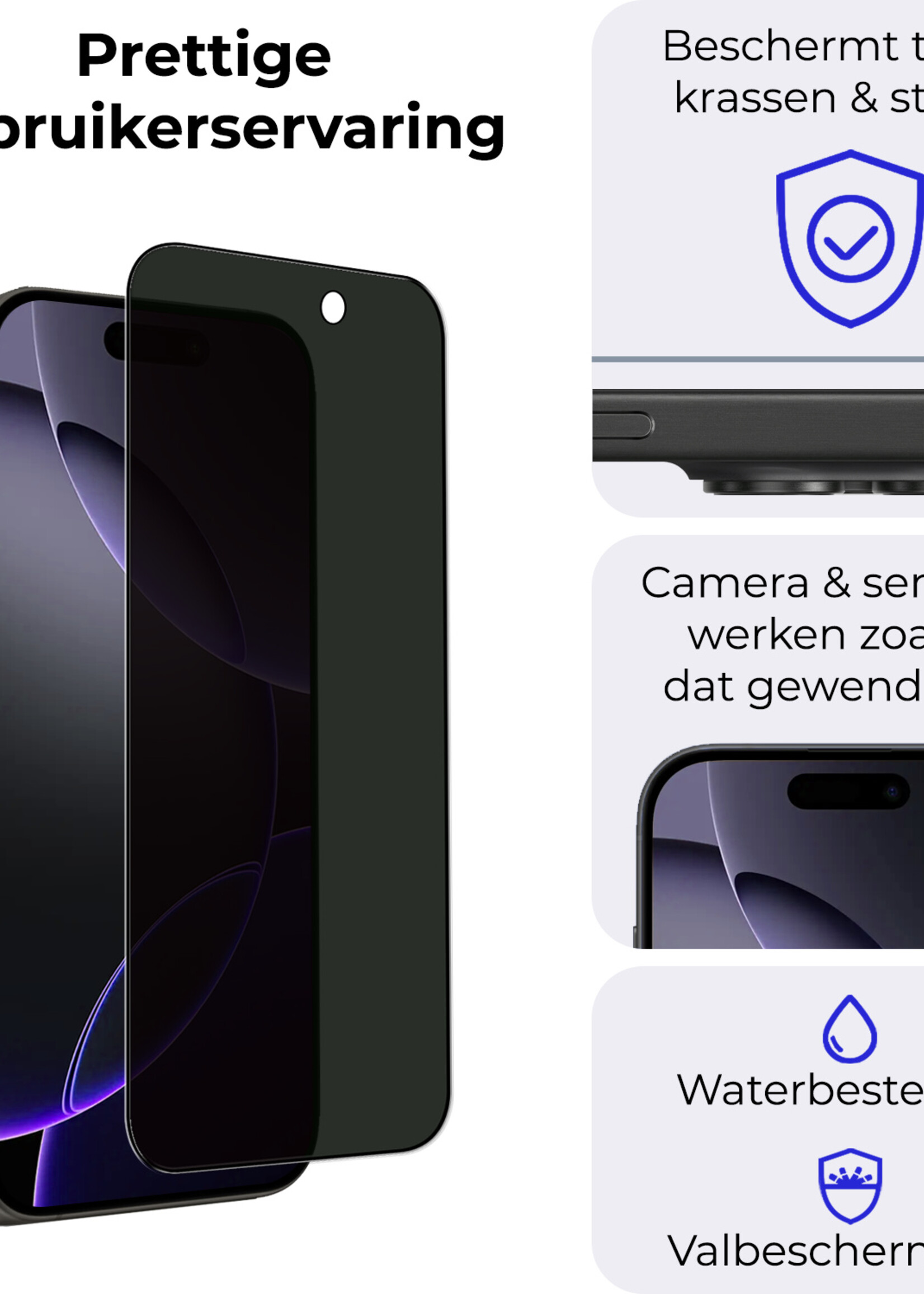 BTH Screenprotector Geschikt voor iPhone 16 Pro Screenprotector Privacy Glas Gehard Full Cover - Screenprotector Geschikt voor iPhone 16 Pro Screenprotector Privacy Tempered Glass - 3 PACK