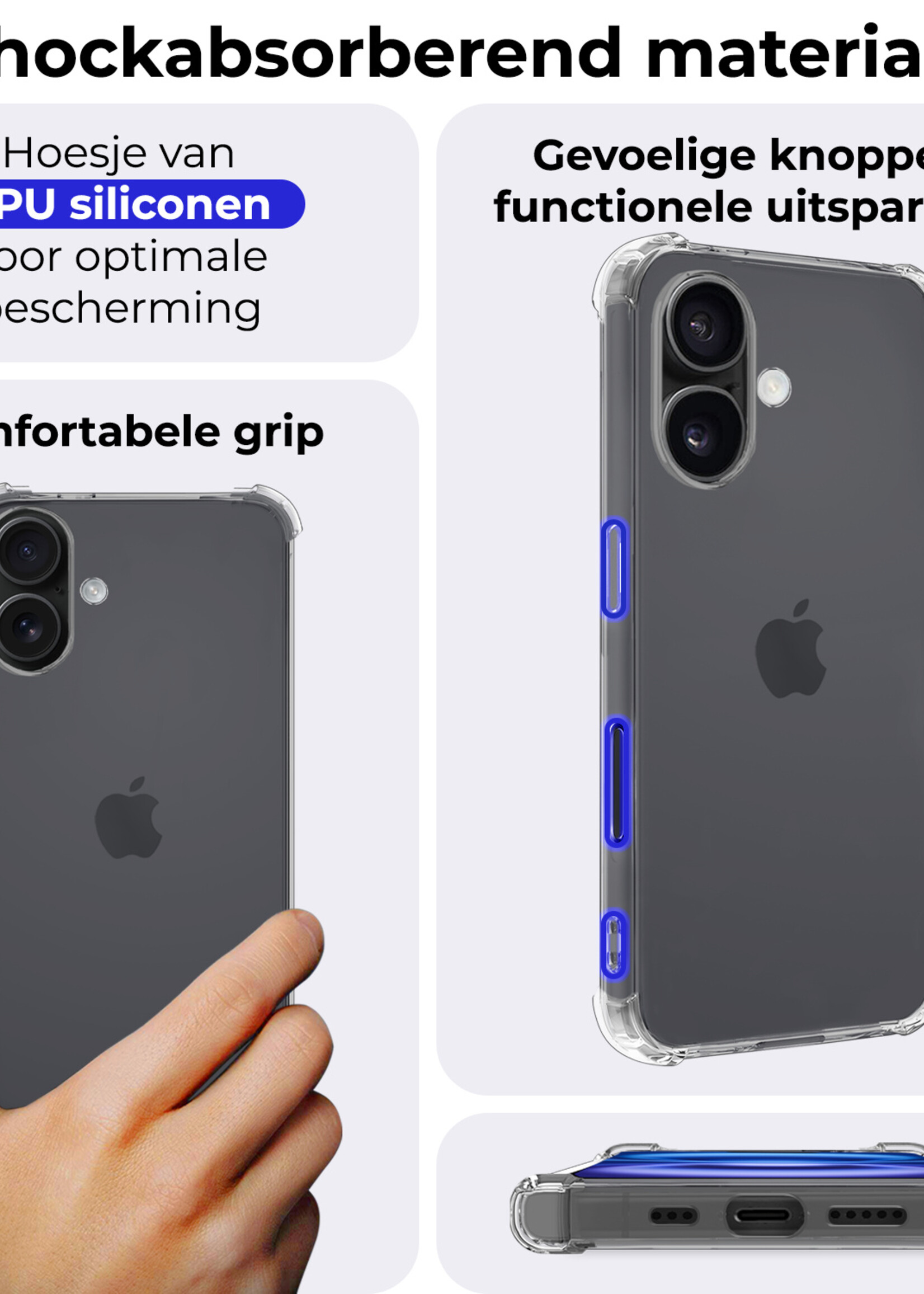 BTH Hoesje Geschikt voor iPhone 16 Plus Hoesje Siliconen Shock Proof Case Hoes - Hoes Geschikt voor iPhone 16 Plus Hoes Cover Case Shockproof - Transparant - 2 PACK