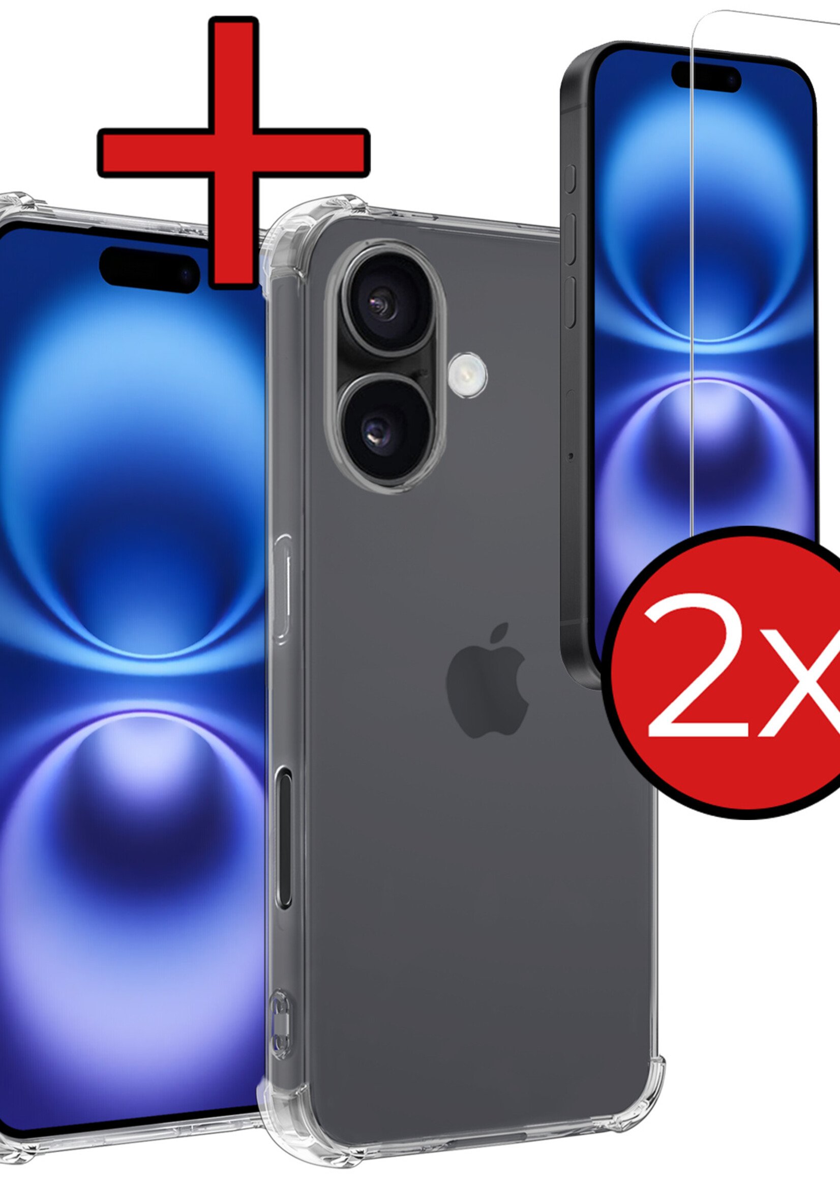 BTH Hoesje Geschikt voor iPhone 16 Plus Hoesje Siliconen Shock Proof Case Hoes Met 2x Screenprotector - Hoes Geschikt voor iPhone 16 Plus Hoes Cover Case Shockproof - Transparant