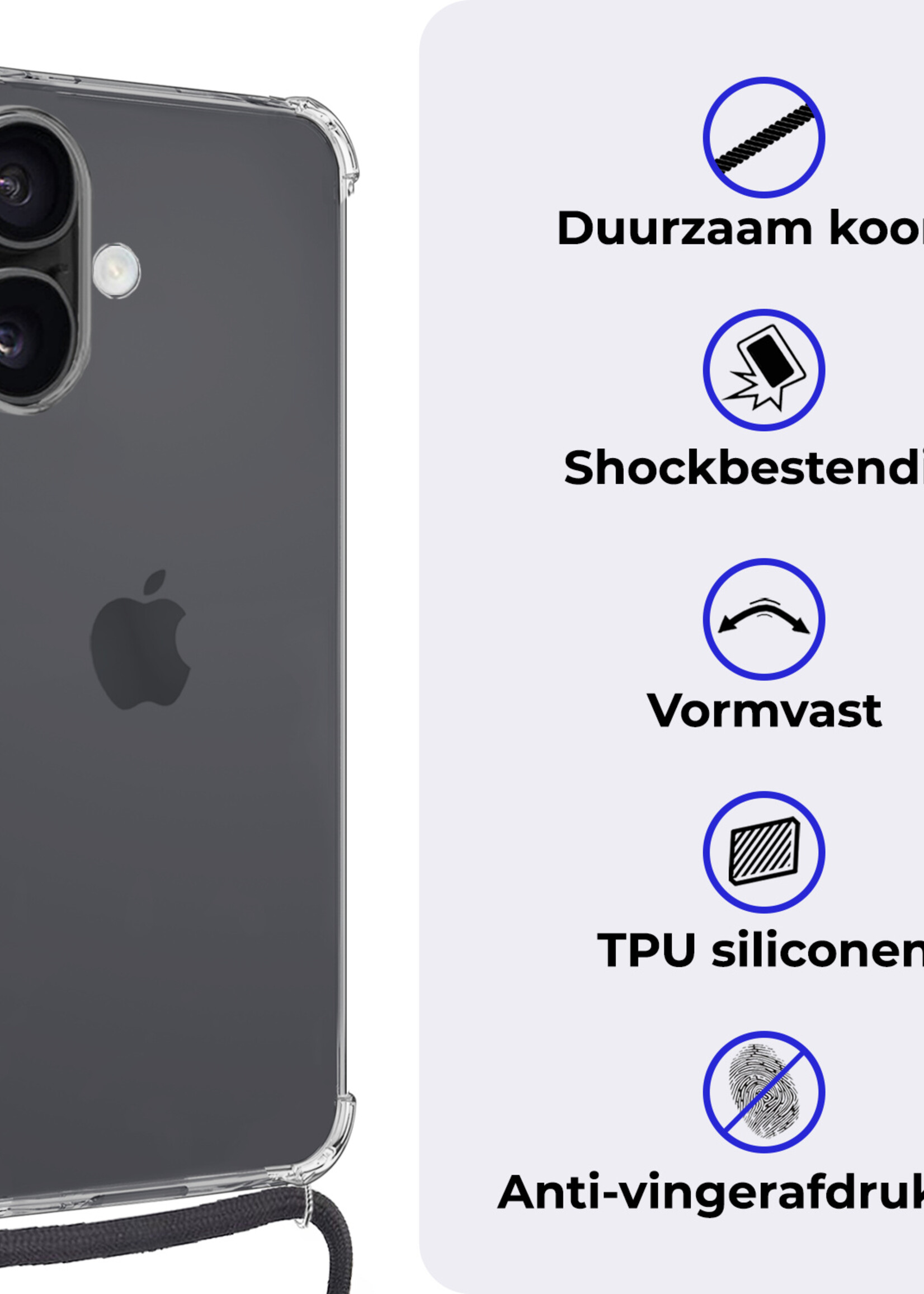BTH Hoesje Geschikt voor iPhone 16 Plus Hoesje Siliconen Shock Proof Hoesje Met Koord Case Met Telefoonkoord - Hoes Geschikt voor iPhone 16 Plus Hoesje Cover Shockproof Met Koord - Transparant