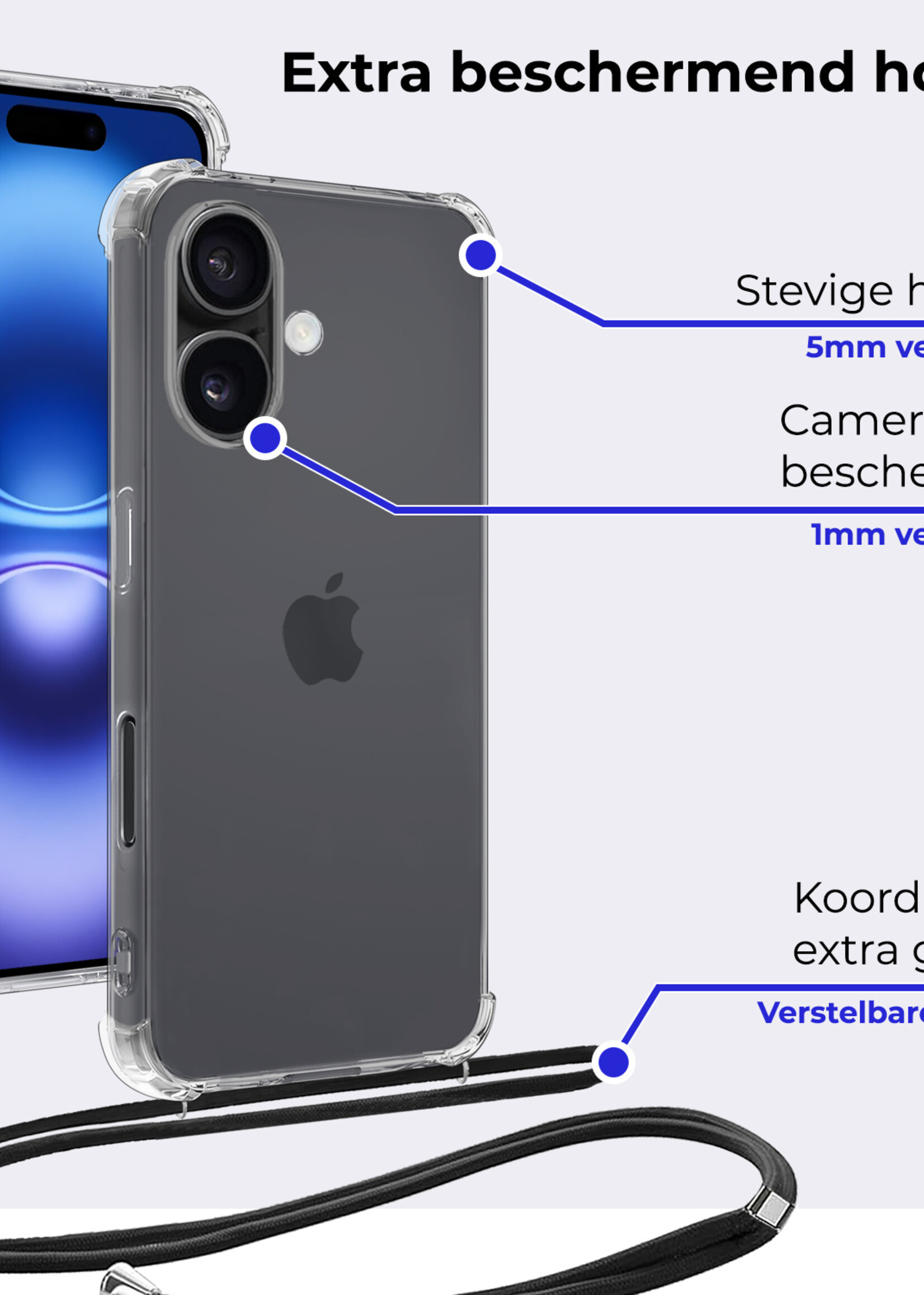 BTH Hoesje Geschikt voor iPhone 16 Plus Hoesje Siliconen Shock Proof Hoesje Met Koord Case Met Telefoonkoord - Hoes Geschikt voor iPhone 16 Plus Hoesje Cover Shockproof Met Koord - Transparant