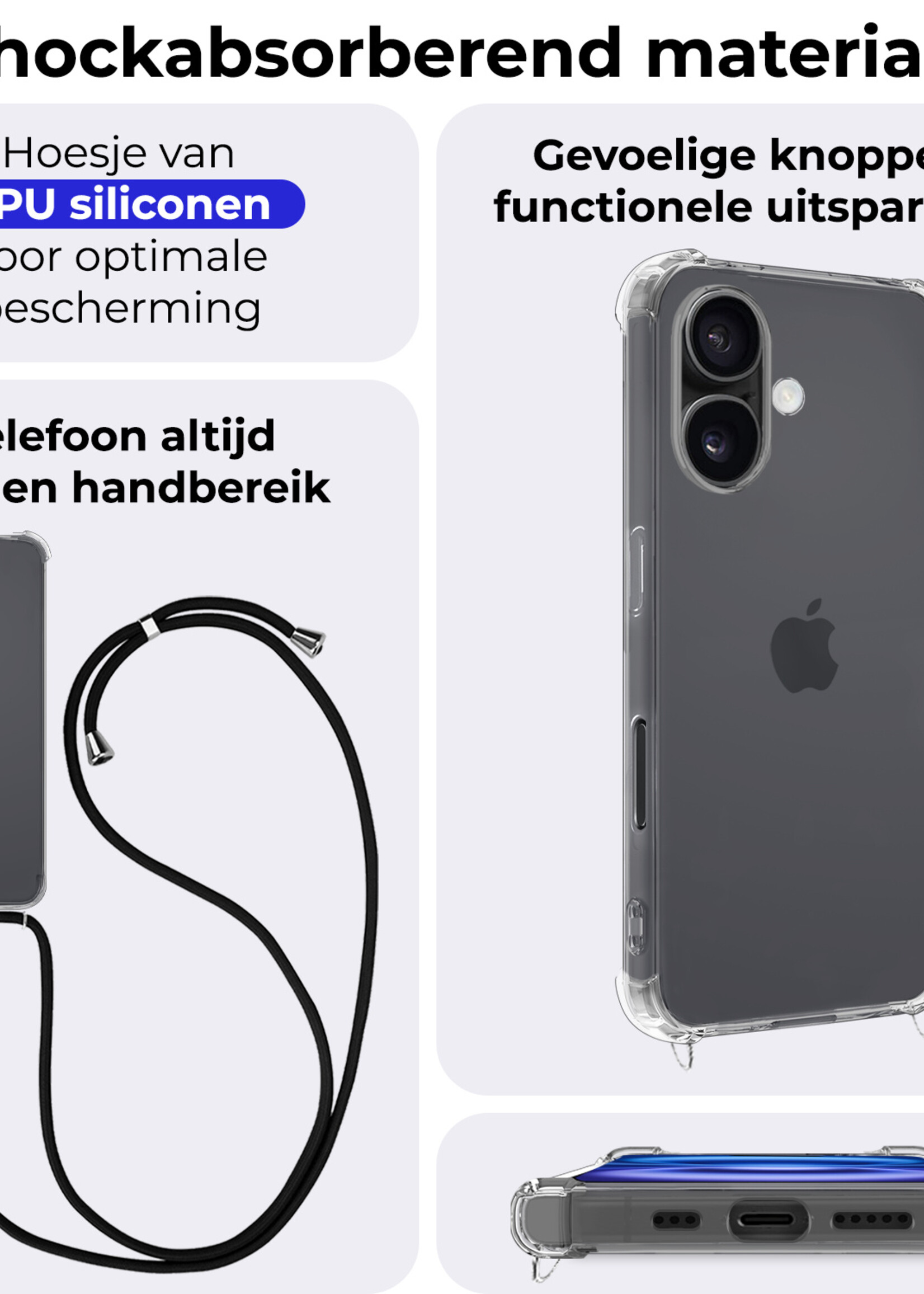 BTH Hoesje Geschikt voor iPhone 16 Plus Hoesje Siliconen Shock Proof Hoesje Met Koord Case Met Telefoonkoord - Hoes Geschikt voor iPhone 16 Plus Hoesje Cover Shockproof Met Koord - Transparant