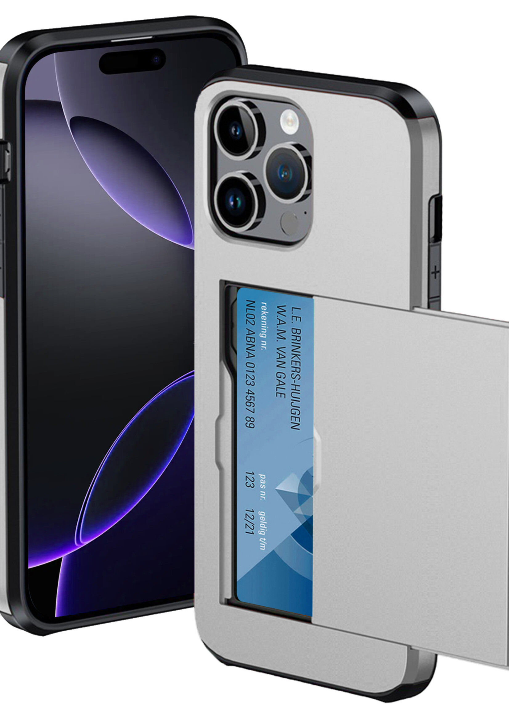BTH Hoesje Geschikt voor iPhone 16 Pro Hoesje Met Pasjeshouder Hard Case Met Kaarthouder - Hoes Geschikt voor iPhone 16 Pro Hoesje Shock Proof Case - Grijs