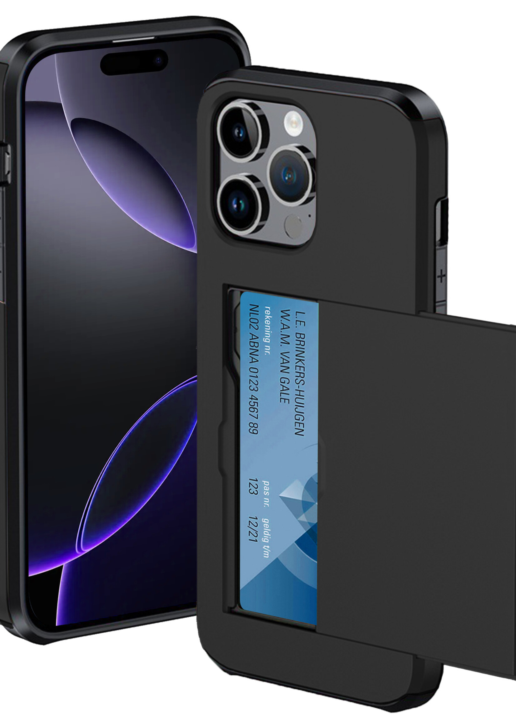 BTH Hoesje Geschikt voor iPhone 16 Pro Hoesje Met Pasjeshouder Hard Case Met Kaarthouder - Hoes Geschikt voor iPhone 16 Pro Hoesje Shock Proof Case - Zwart