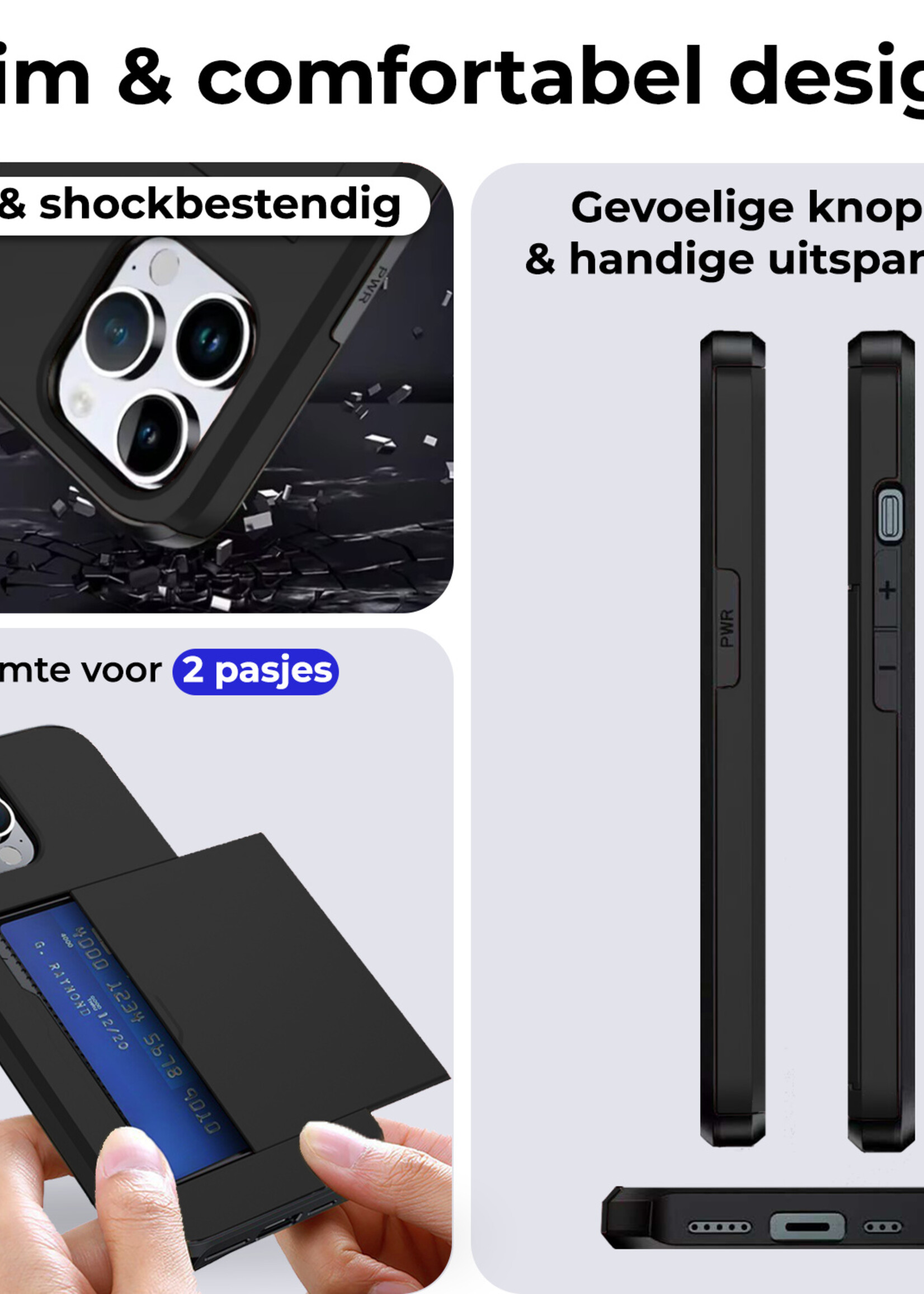 BTH Hoesje Geschikt voor iPhone 16 Pro Hoesje Met Pasjeshouder Hard Case Met Kaarthouder - Hoes Geschikt voor iPhone 16 Pro Hoesje Shock Proof Case - Zwart