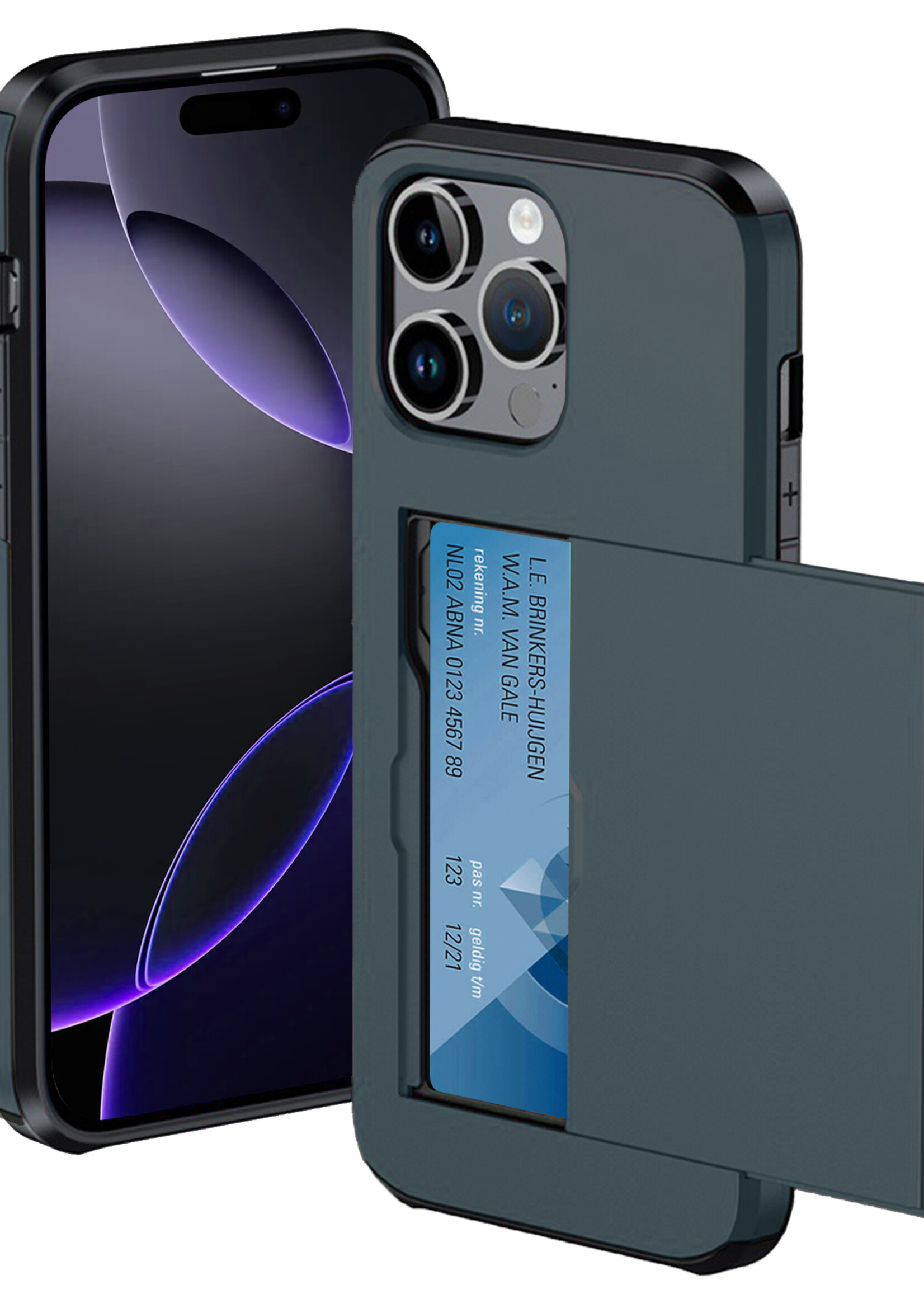 BTH Hoesje Geschikt voor iPhone 16 Pro Max Hoesje Met Pasjeshouder Hard Case Met Kaarthouder - Hoes Geschikt voor iPhone 16 Pro Max Hoesje Shock Proof Case - Donkerblauw
