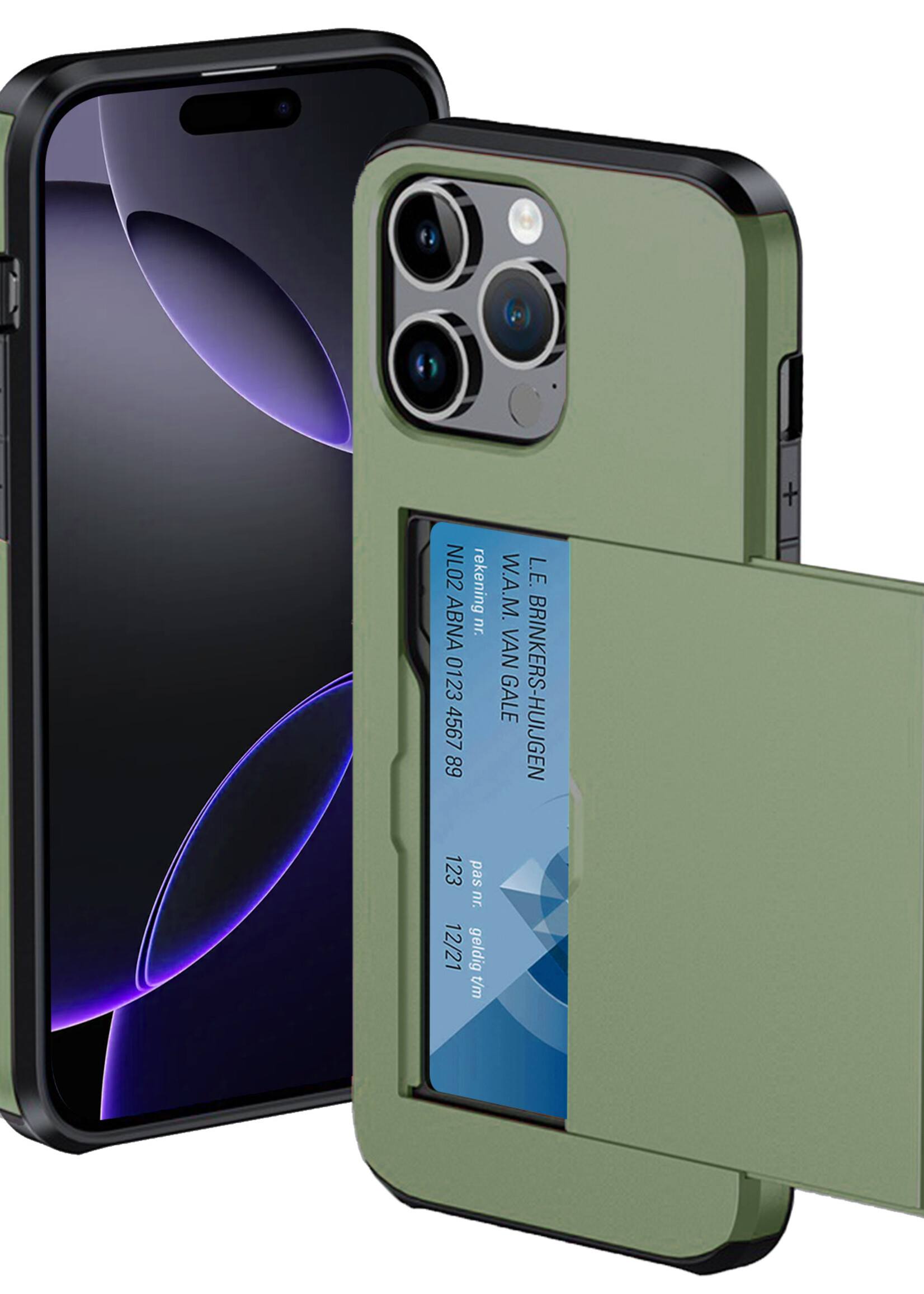 BTH Hoesje Geschikt voor iPhone 16 Pro Max Hoesje Met Pasjeshouder Hard Case Met Kaarthouder - Hoes Geschikt voor iPhone 16 Pro Max Hoesje Shock Proof Case - Donkergroen
