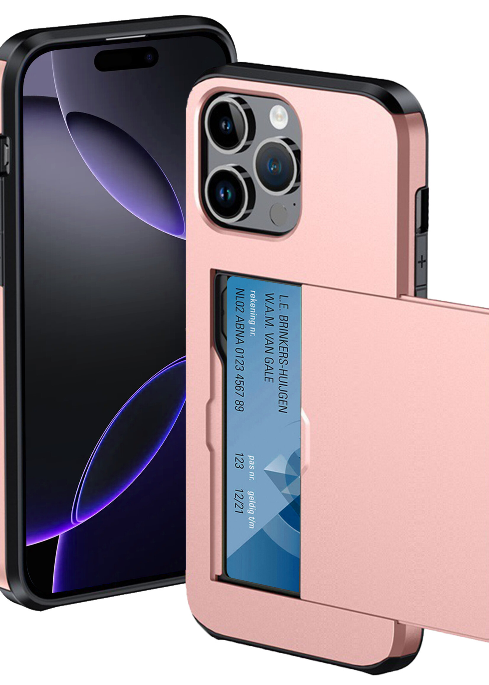 BTH Hoesje Geschikt voor iPhone 16 Pro Max Hoesje Met Pasjeshouder Hard Case Met Kaarthouder - Hoes Geschikt voor iPhone 16 Pro Max Hoesje Shock Proof Case - Rosé goud