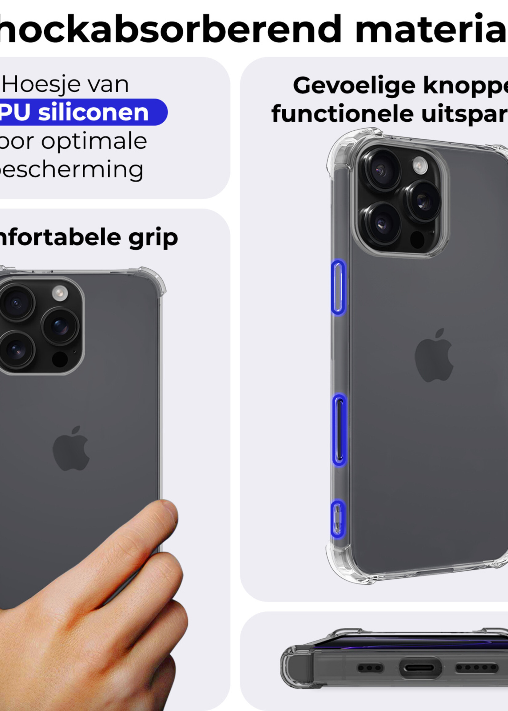 BTH Hoesje Geschikt voor iPhone 16 Pro Hoesje Siliconen Shock Proof Case Hoes - Hoes Geschikt voor iPhone 16 Pro Hoes Cover Case Shockproof - Transparant - 2 PACK