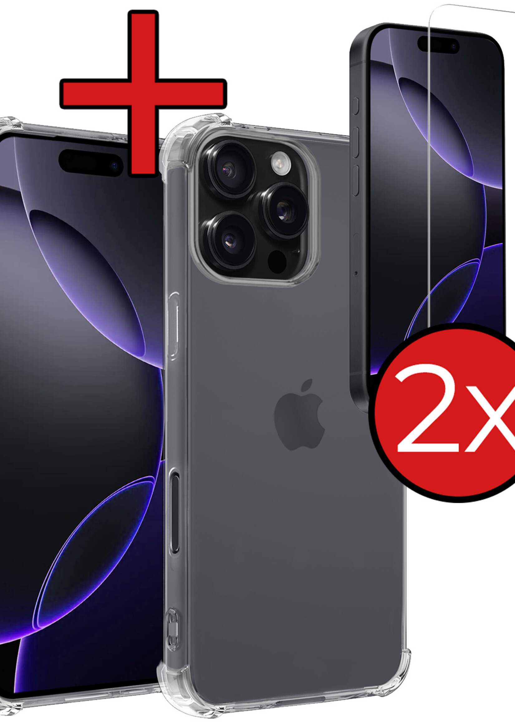 BTH Hoesje Geschikt voor iPhone 16 Pro Hoesje Siliconen Shock Proof Case Hoes Met 2x Screenprotector - Hoes Geschikt voor iPhone 16 Pro Hoes Cover Case Shockproof - Transparant