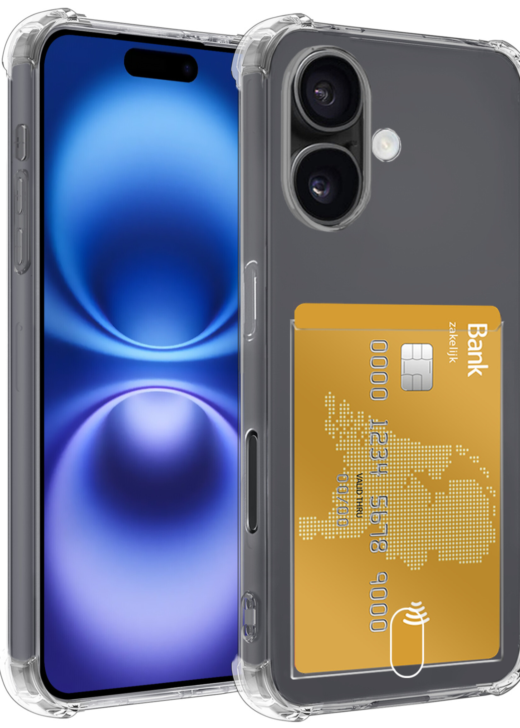 BTH Hoesje Geschikt voor iPhone 16 Hoesje Met Pasjeshouder Siliconen Case Met Kaarthouder - Hoes Geschikt voor iPhone 16 Hoesje Shock Proof Case - Transparant