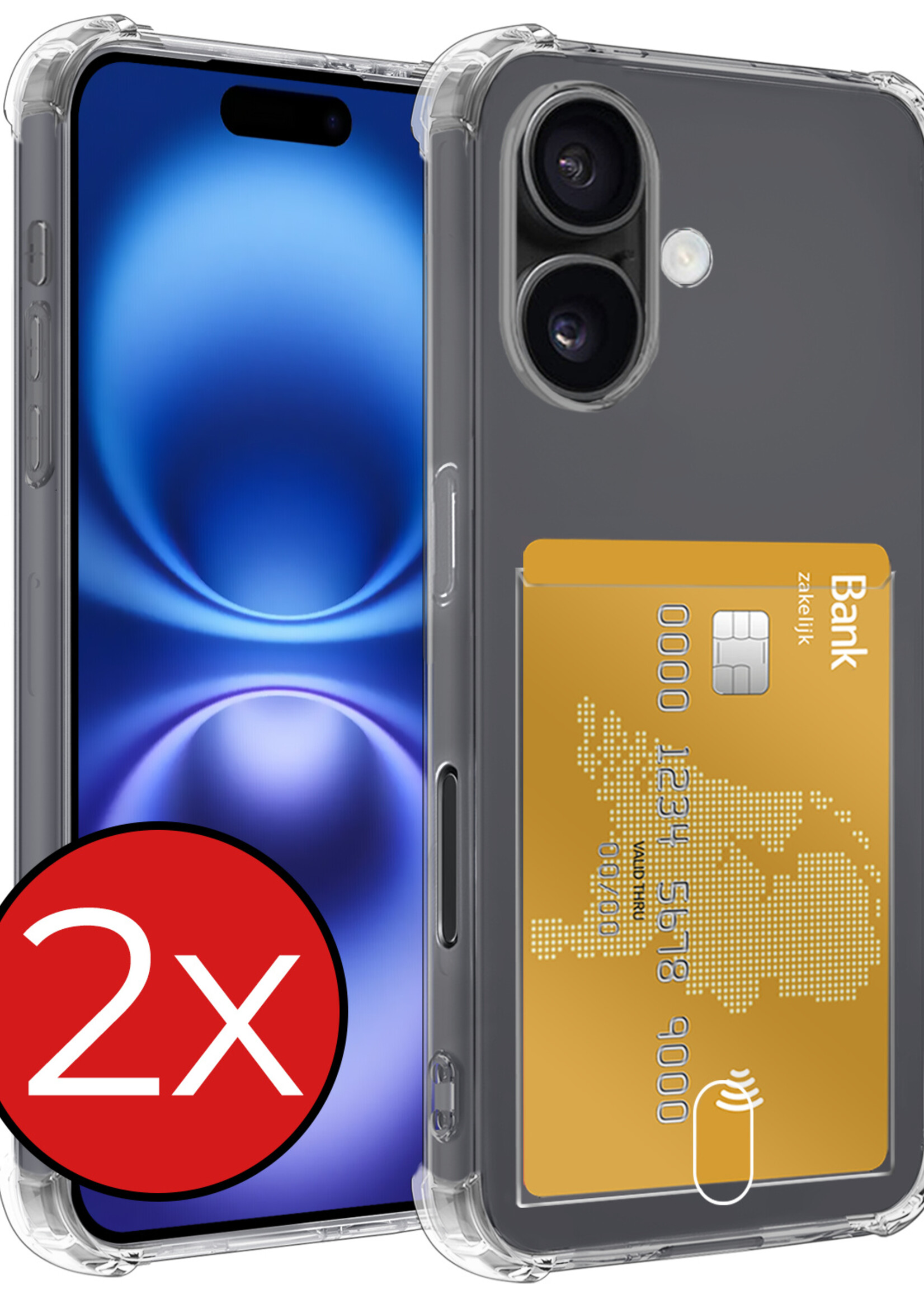 BTH Hoesje Geschikt voor iPhone 16 Plus Hoesje Met Pasjeshouder Siliconen Case Met Kaarthouder - Hoes Geschikt voor iPhone 16 Plus Hoesje Shock Proof Case - Transparant - 2 PACK
