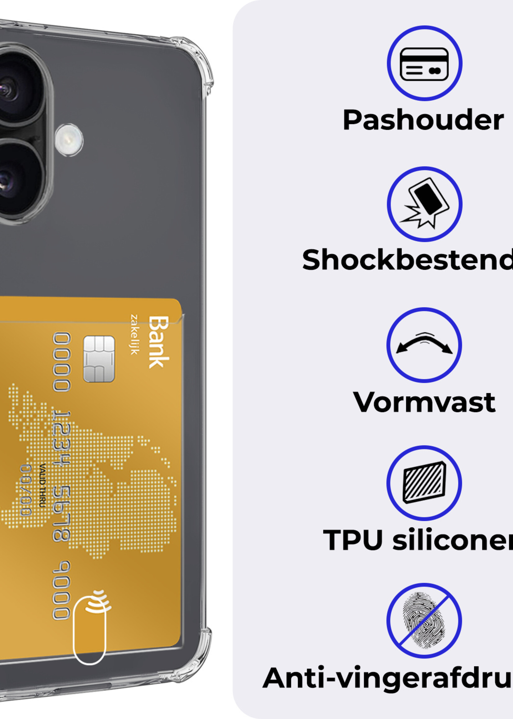 BTH Hoesje Geschikt voor iPhone 16 Plus Hoesje Met Pasjeshouder Siliconen Case Met Kaarthouder - Hoes Geschikt voor iPhone 16 Plus Hoesje Shock Proof Case - Transparant - 2 PACK