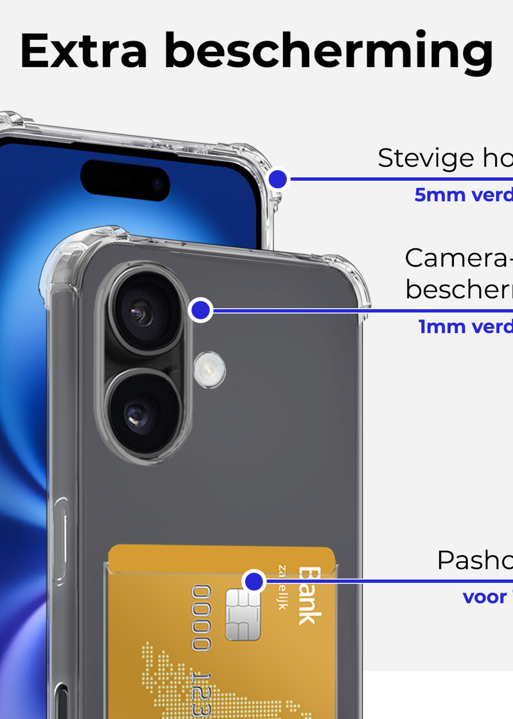 BTH Hoesje Geschikt voor iPhone 16 Plus Hoesje Met Pasjeshouder Siliconen Case Met Kaarthouder - Hoes Geschikt voor iPhone 16 Plus Hoesje Shock Proof Case - Transparant - 2 PACK