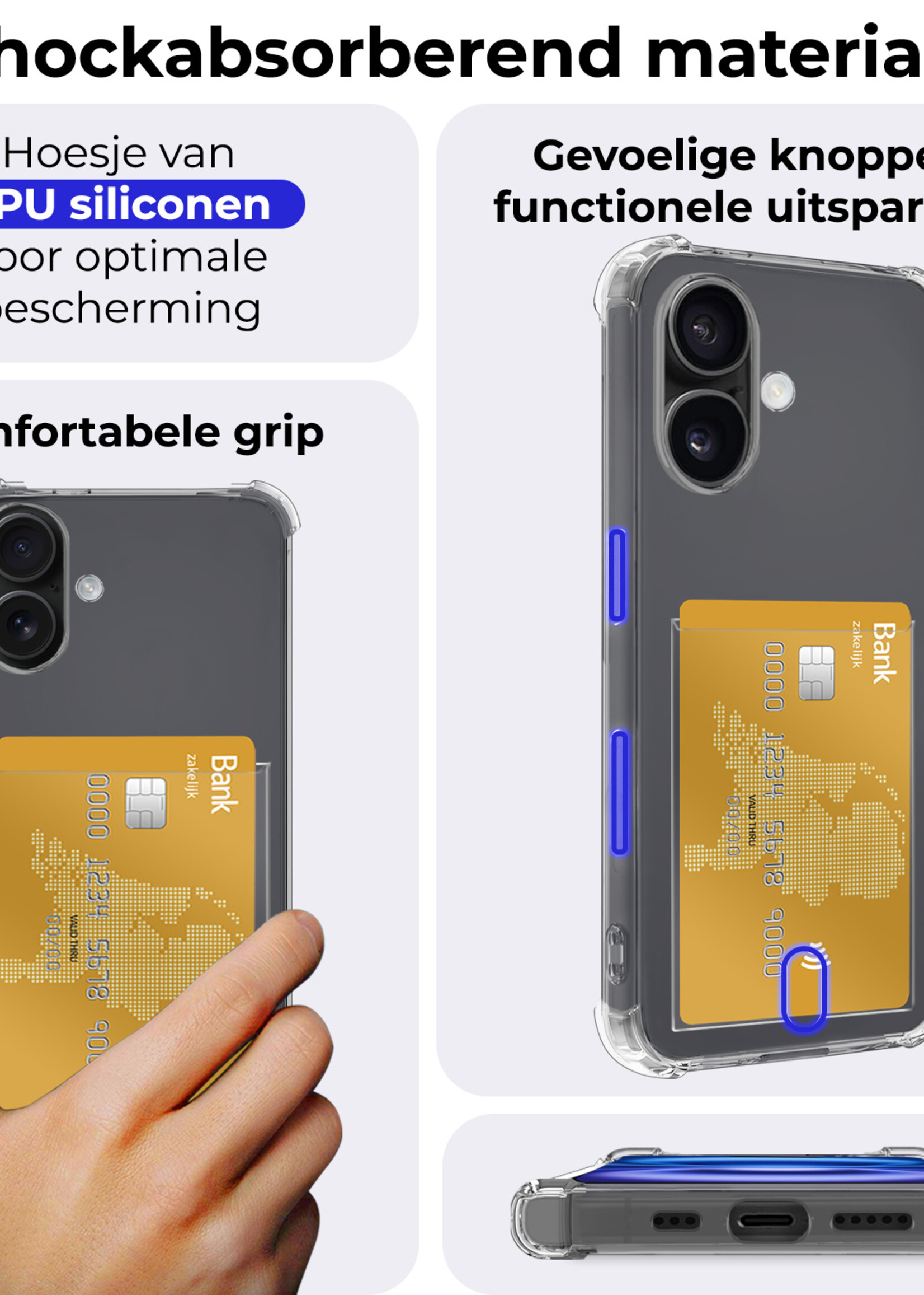 BTH Hoesje Geschikt voor iPhone 16 Plus Hoesje Met Pasjeshouder Siliconen Case Met Kaarthouder - Hoes Geschikt voor iPhone 16 Plus Hoesje Shock Proof Case - Transparant - 2 PACK
