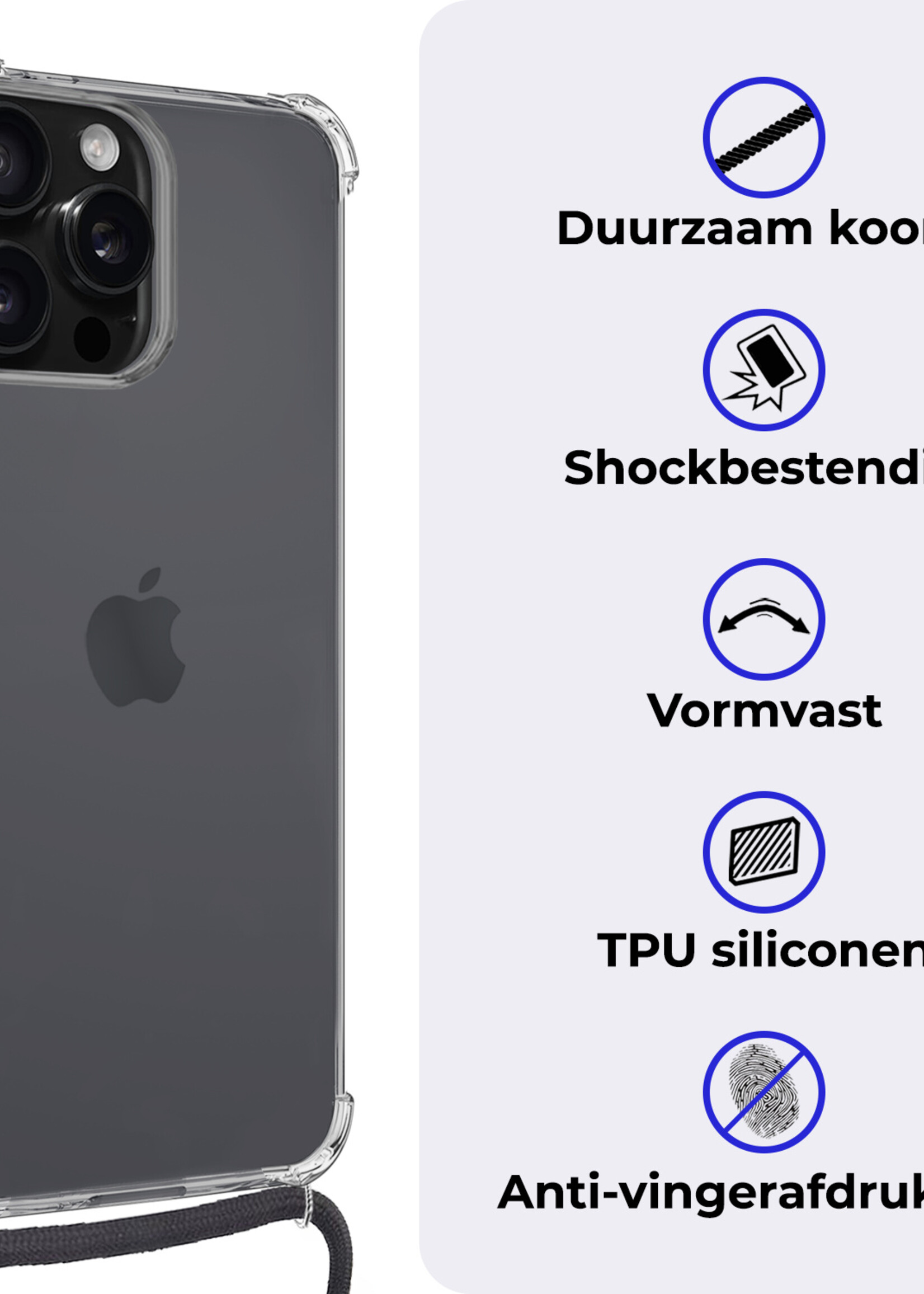 BTH Hoesje Geschikt voor iPhone 16 Pro Max Hoesje Siliconen Shock Proof Hoesje Met Koord Case Met Telefoonkoord - Hoes Geschikt voor iPhone 16 Pro Max Hoesje Cover Shockproof Met Koord - Transparant