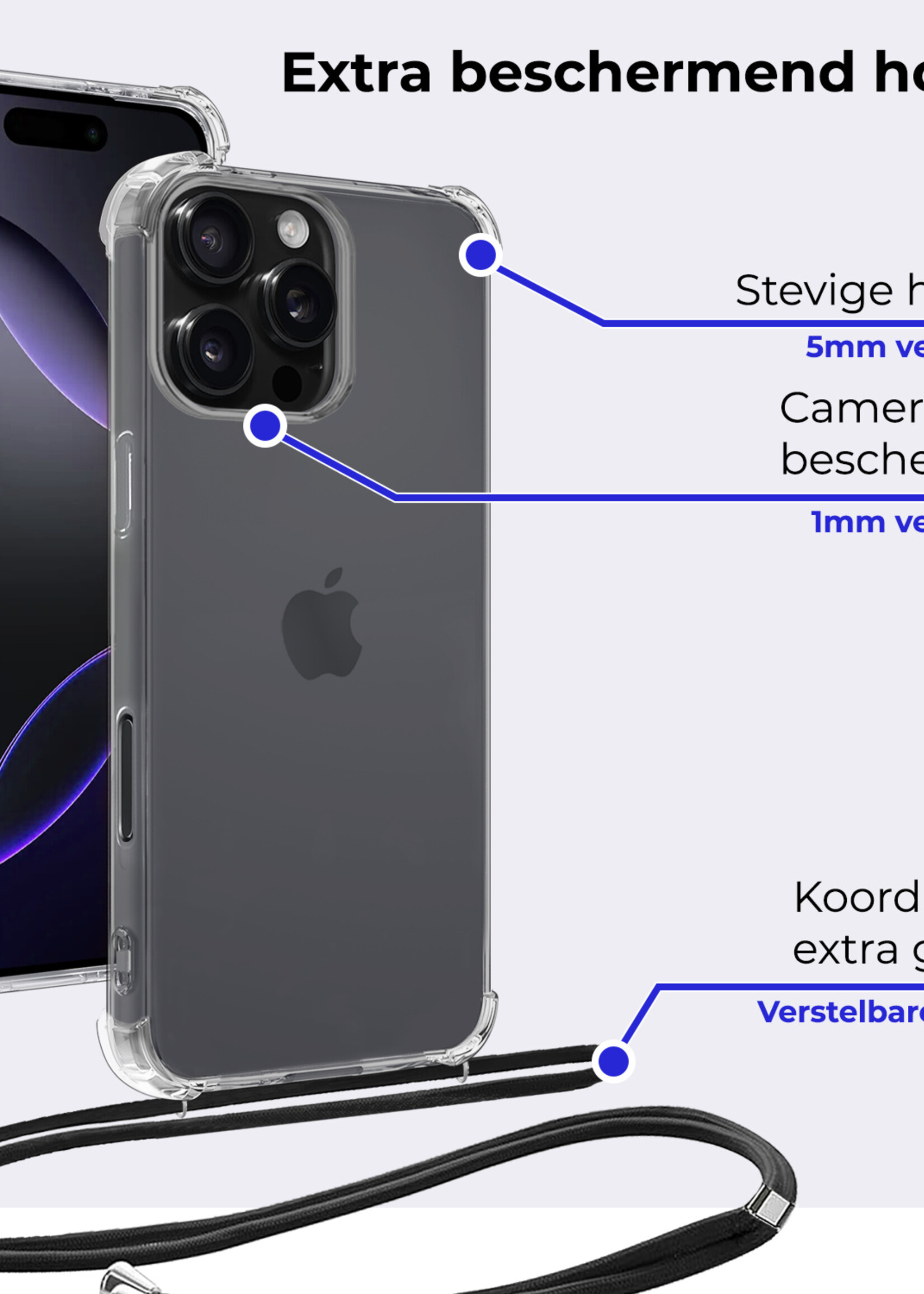 BTH Hoesje Geschikt voor iPhone 16 Pro Max Hoesje Siliconen Shock Proof Hoesje Met Koord Case Met Telefoonkoord - Hoes Geschikt voor iPhone 16 Pro Max Hoesje Cover Shockproof Met Koord - Transparant